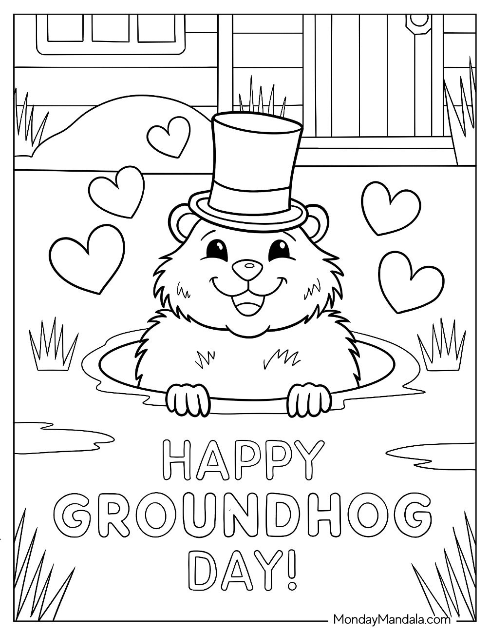 Happy Groundhog Day Coloring Page Of With Woodchuck Surrounded By Love Hearts