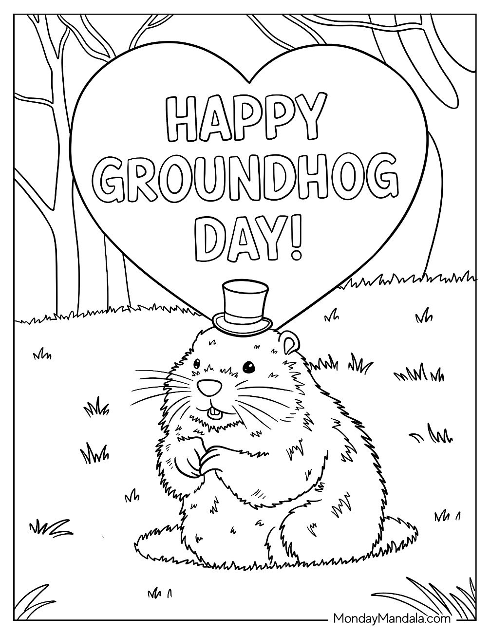 Happy Groundhog Day Coloring Page Of Words With Woodchuck Peering From The Ground