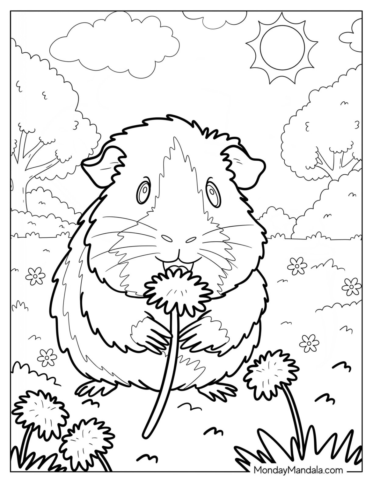 Happy Guinea Pig Coloring Page Holding a Flower in the Meadow
