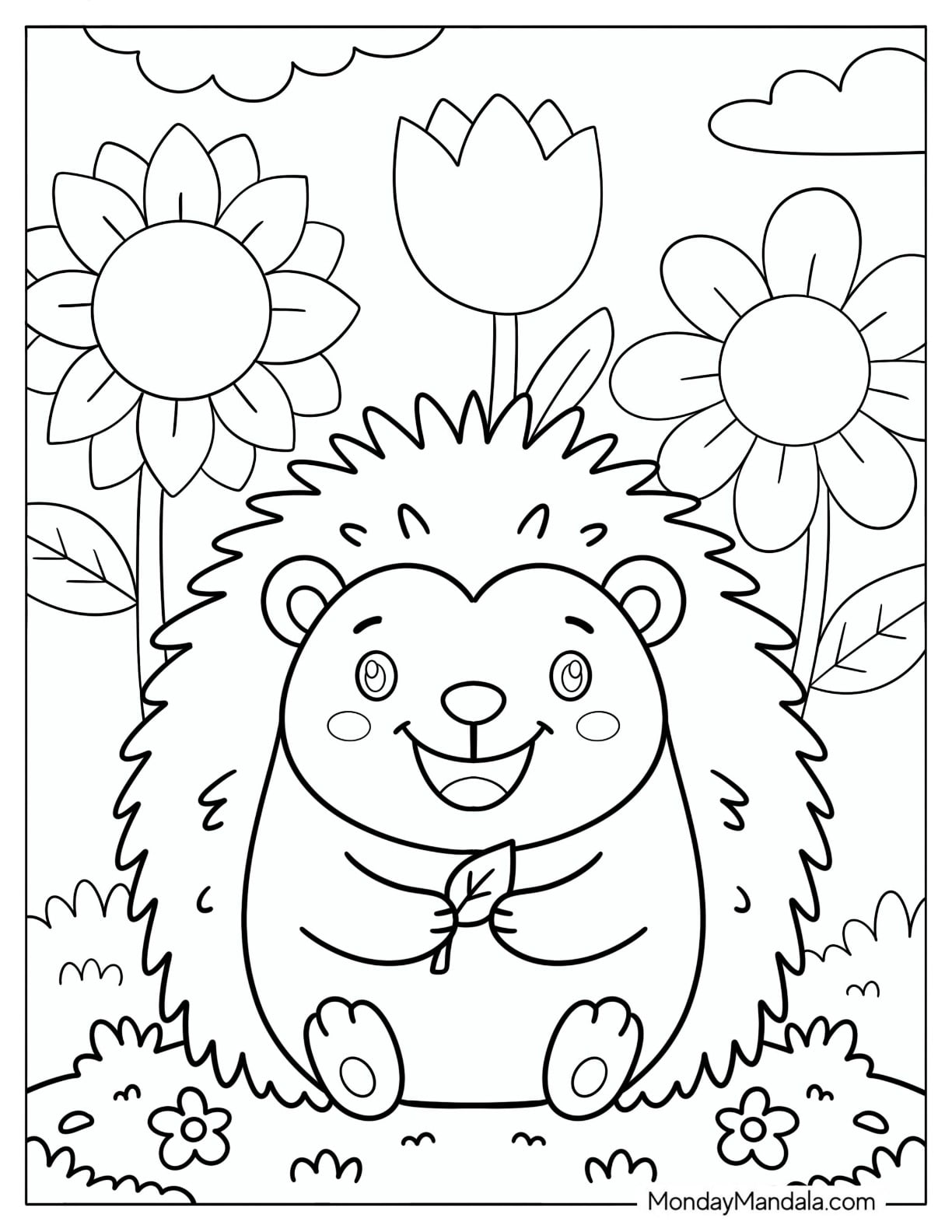 Happy Hedgehog Holding a Leaf Coloring Page for Kids