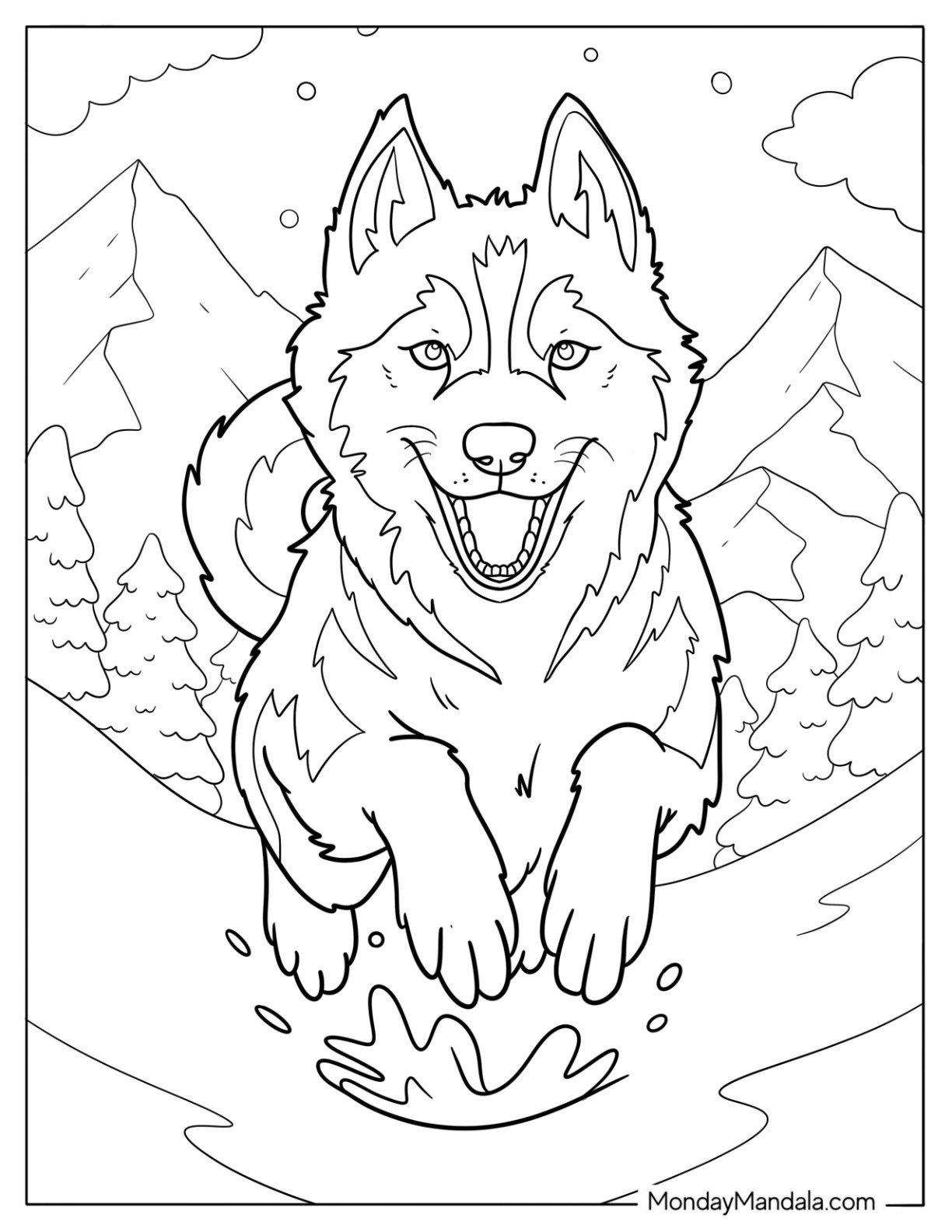 Happy Husky Coloring Pages in Mid Air with Mountain Background