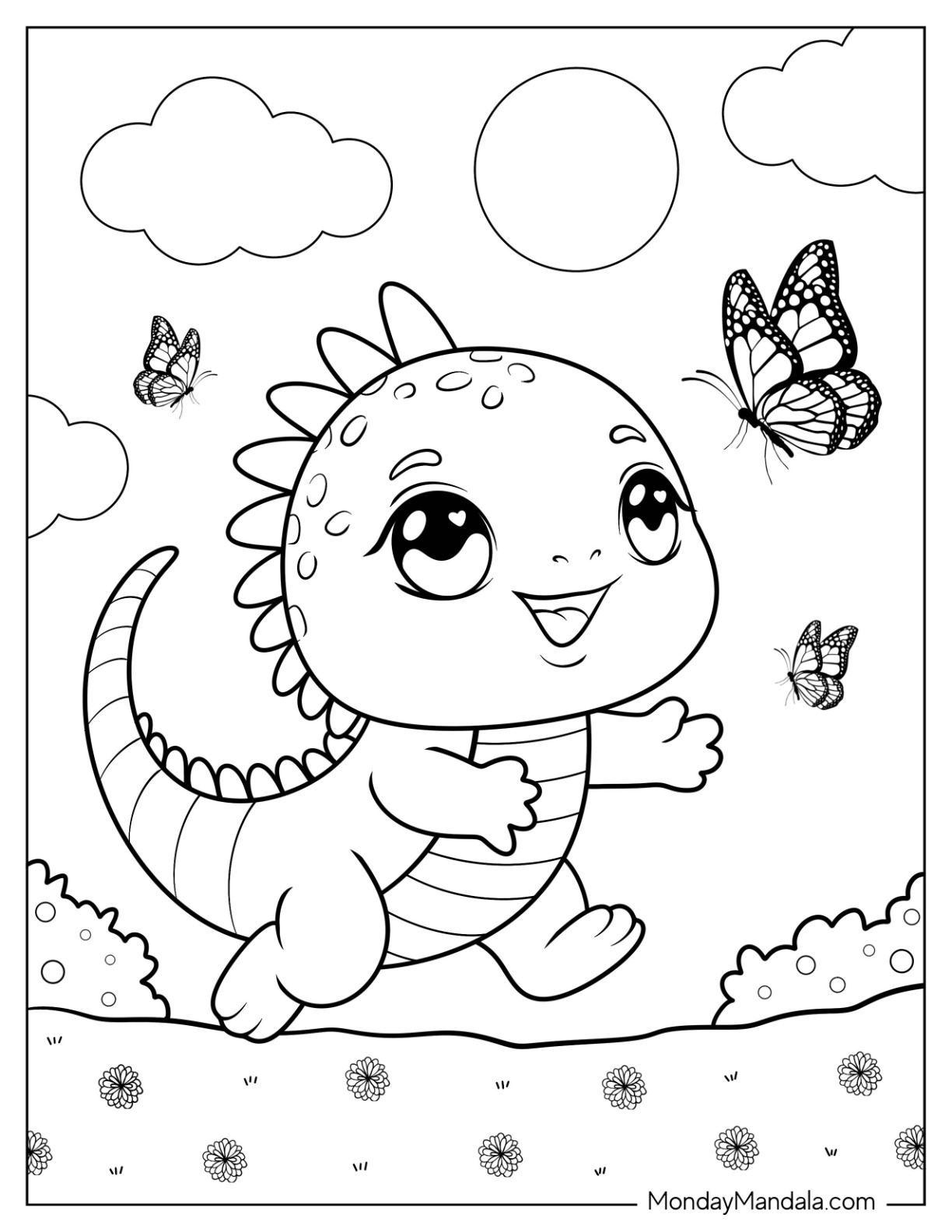 Happy Iguana Coloring Page Chasing a Butterfly for Kids