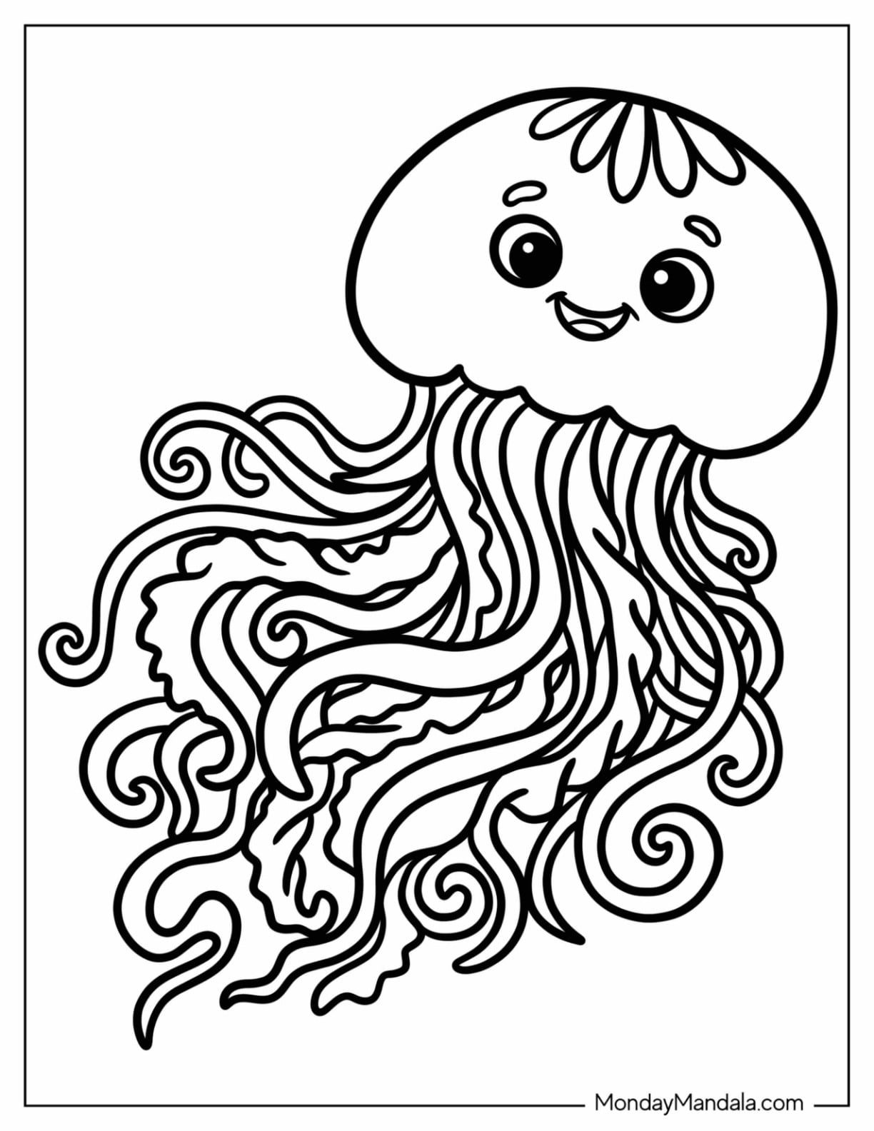 Happy Jellyfish with Long Tentacles Coloring Sheet