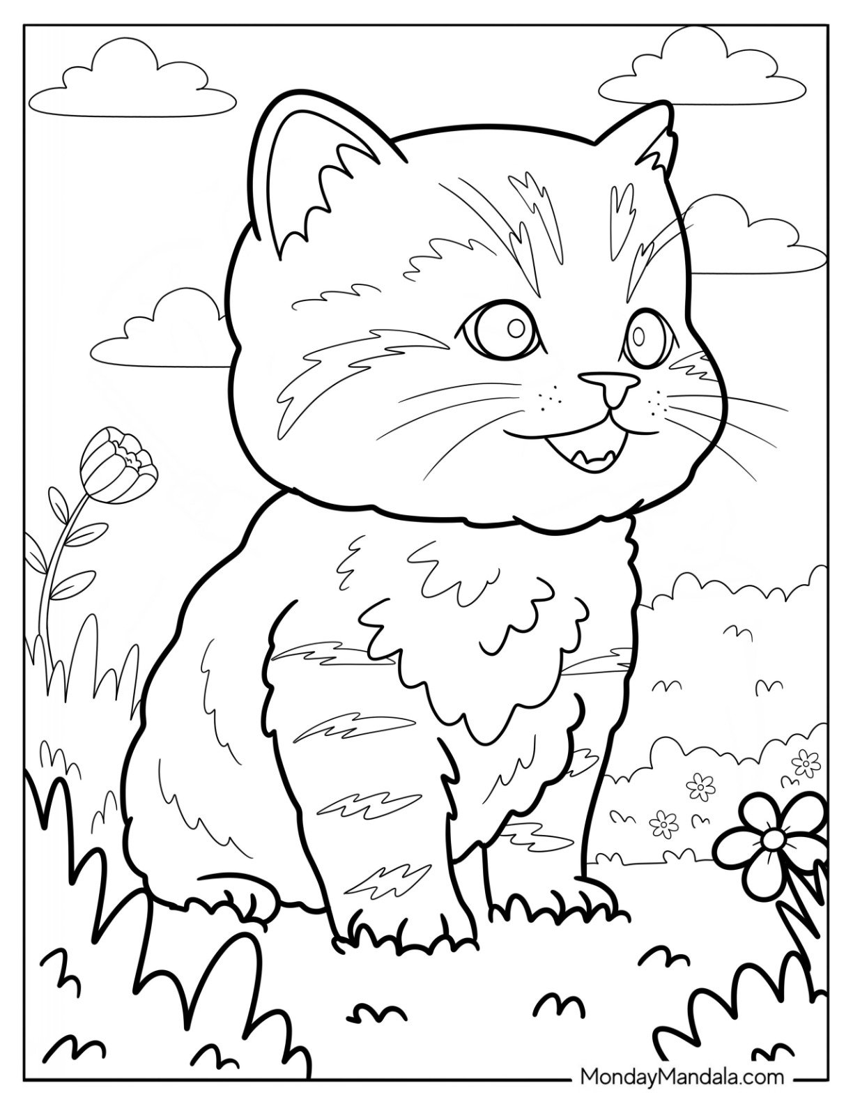 Happy Kitten Coloring Page Staring Out a Flower Field for Preschoolers