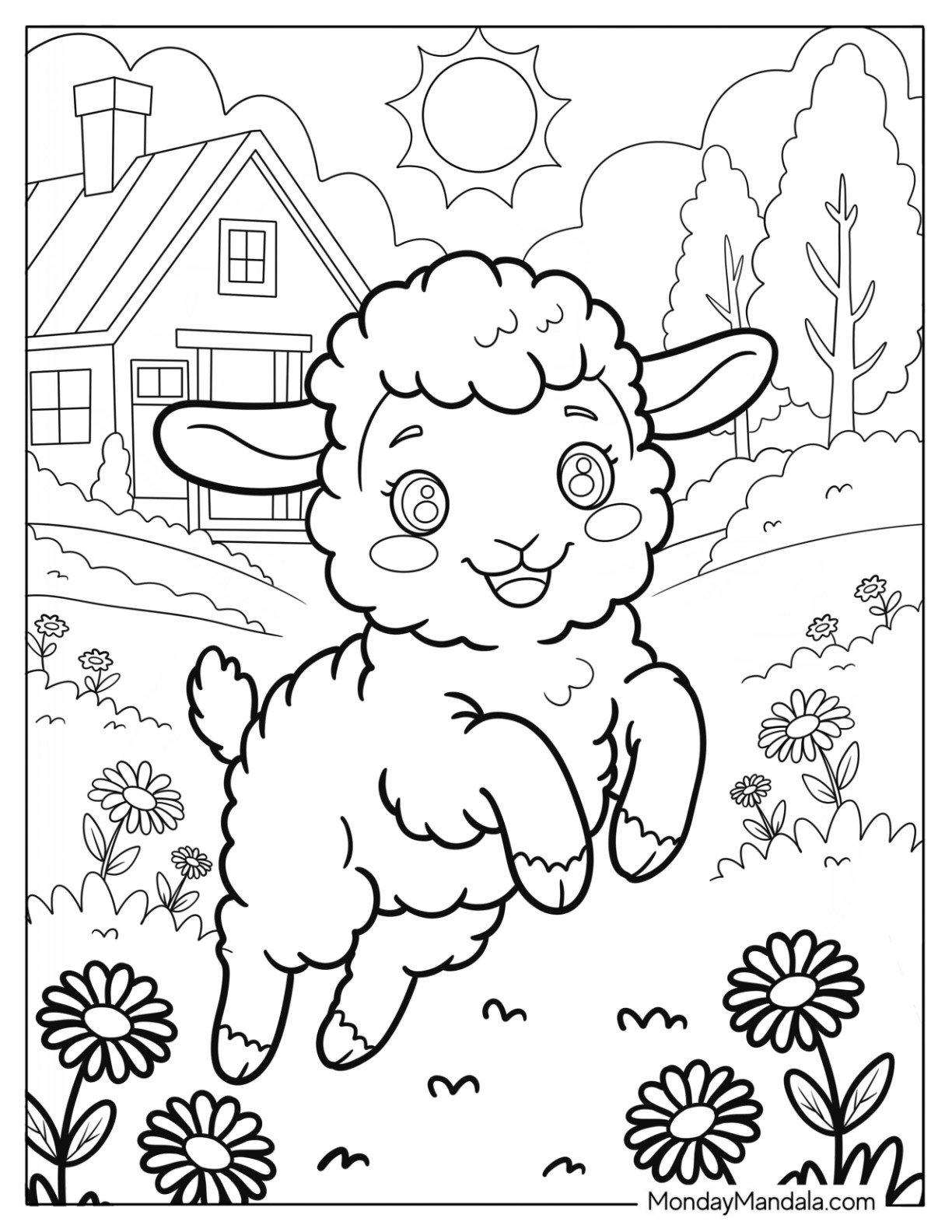 Happy Lamb Jumping Through Flowers on the Farm Coloring Page for Kids