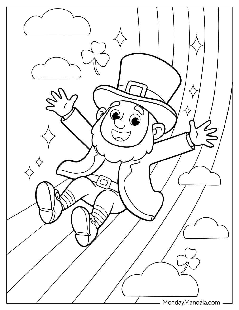 Happy Leprechaun Coloring Page Sliding Down a Rainbow for Kids