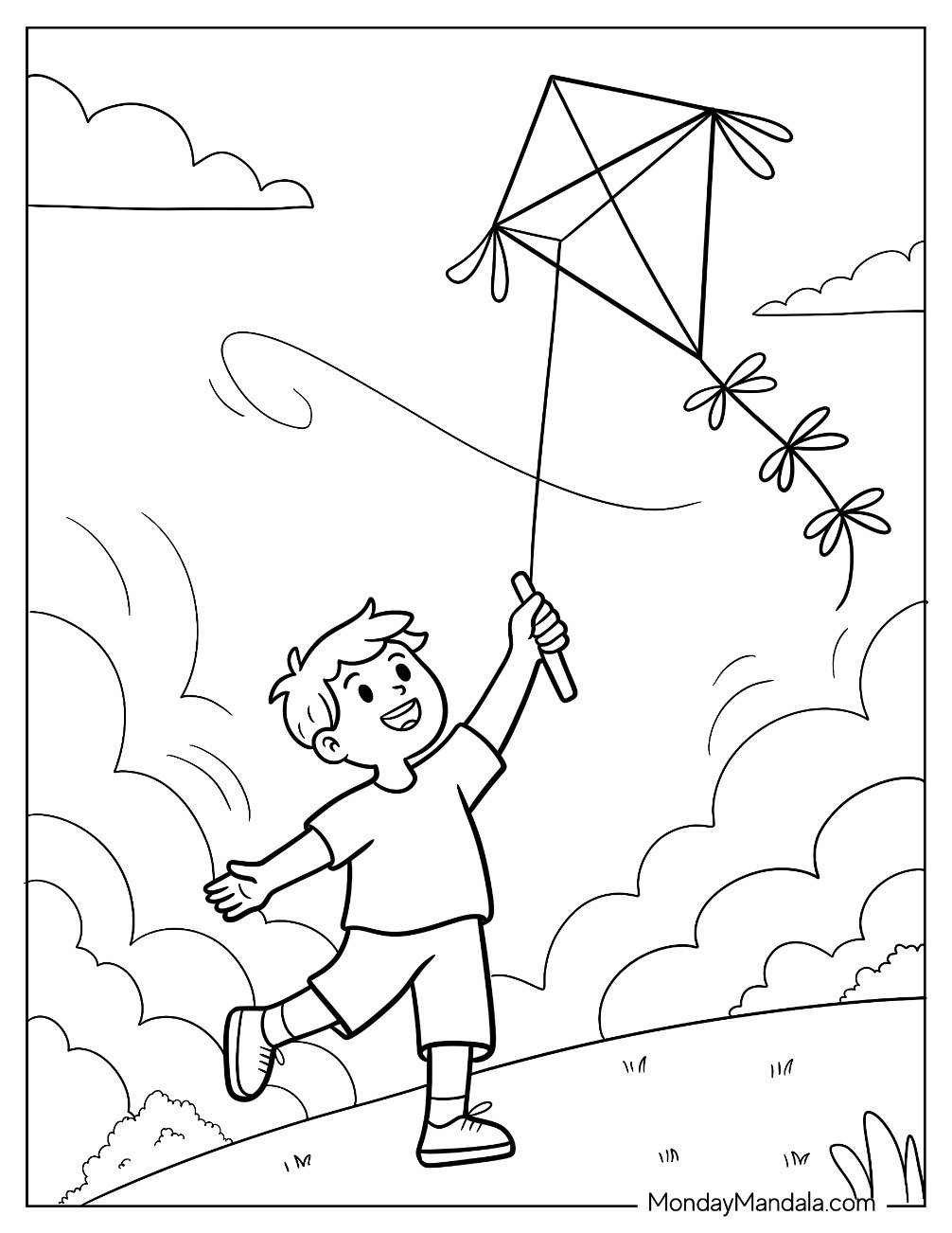 People Coloring Page of Happy Little Boy Flying A Kite On A Cloudy Day For Kids