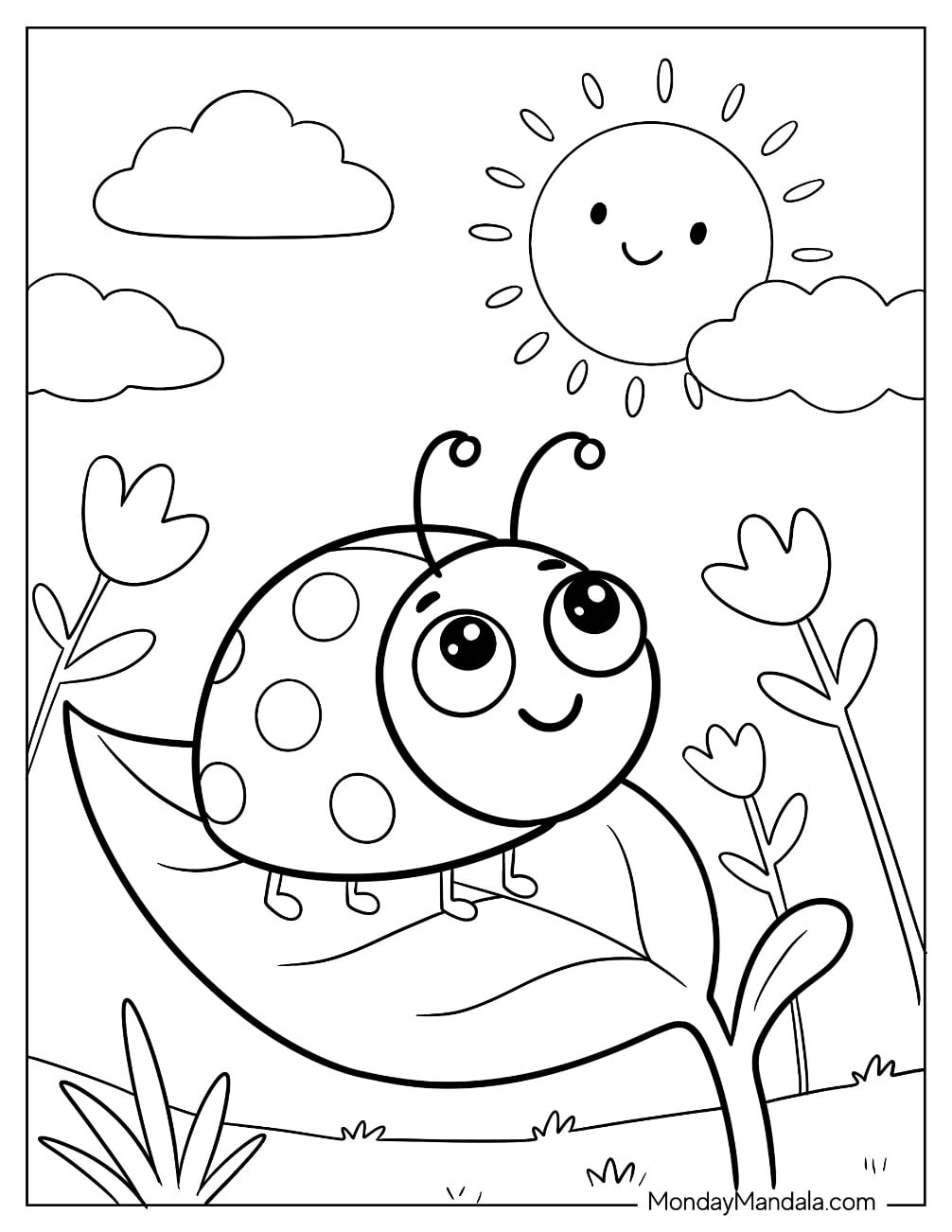 Happy Little Ladybug Looking Up at the Sun Coloring Page for Kids