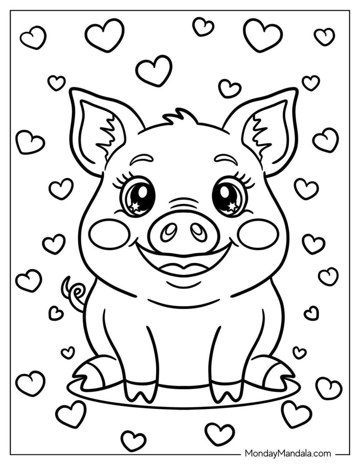 Happy Little Pig Coloring Page Surrounding by Love Hearts for Kids