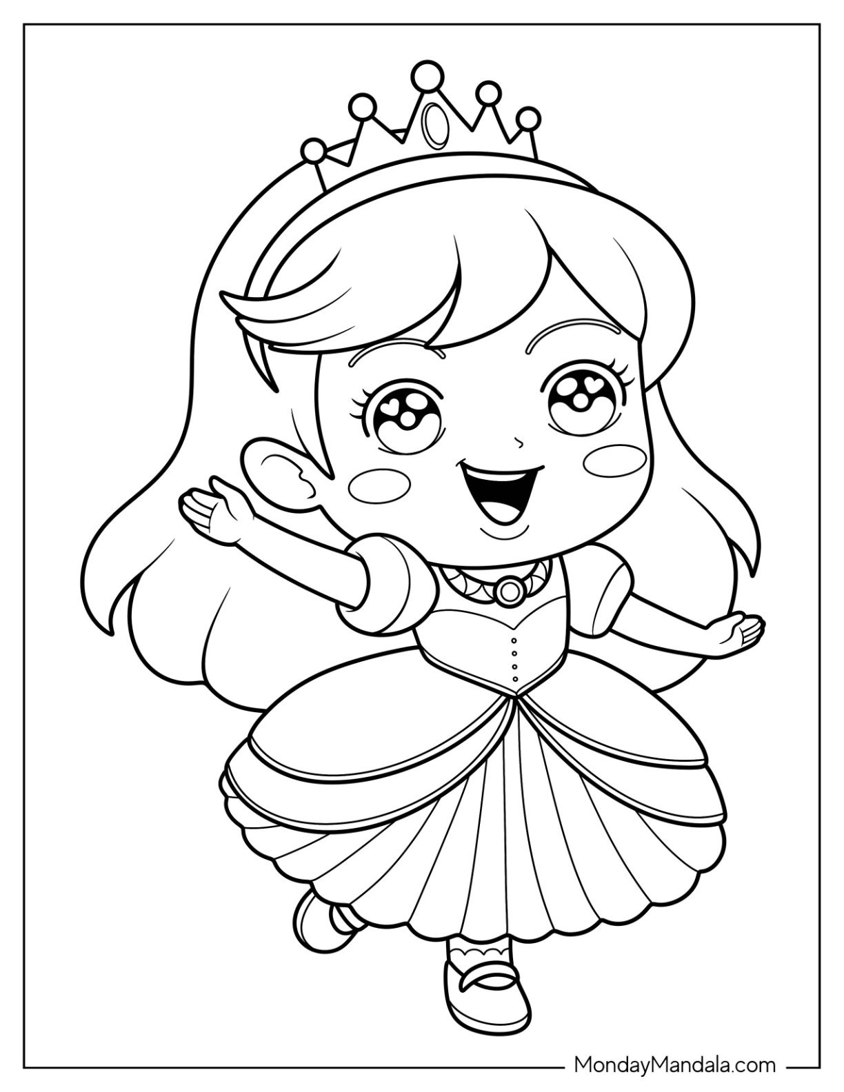 Happy Little Princess Coloring Page Dancing in Crown and Dress for Preschoolers