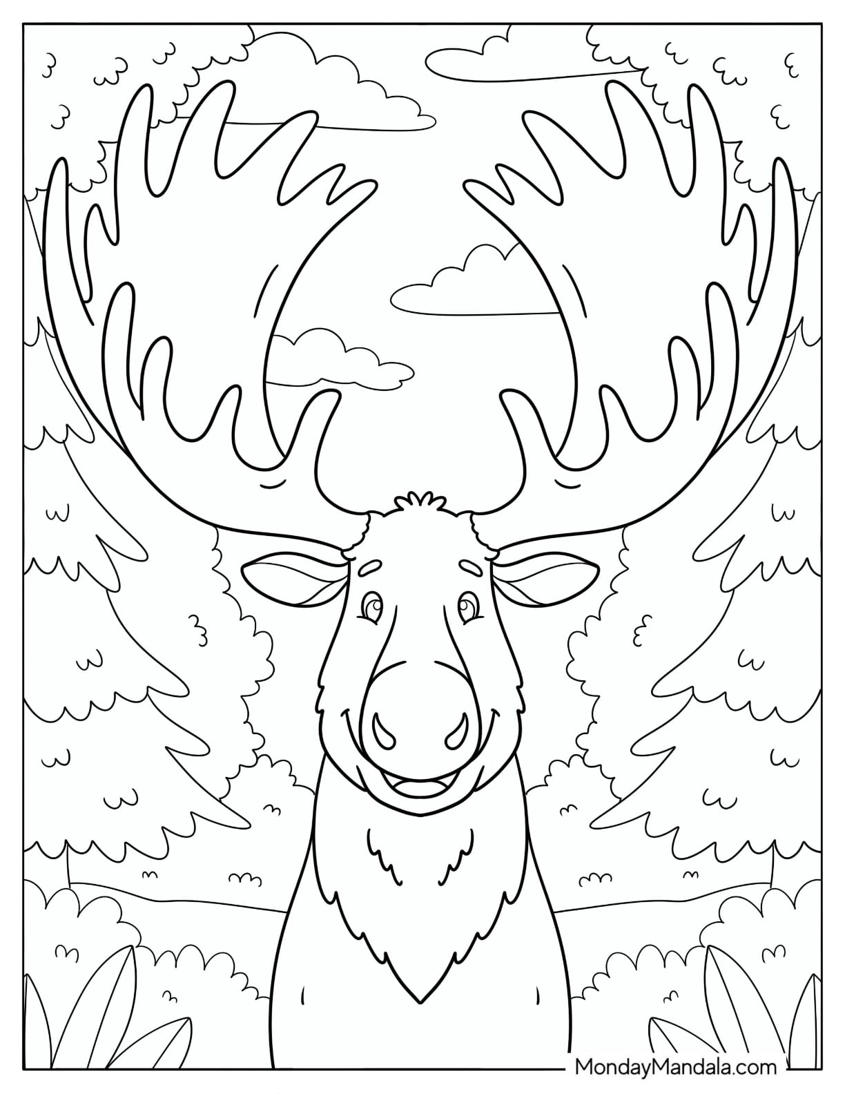 Happy Moose Standing Among Pine Trees Coloring Page for Kids