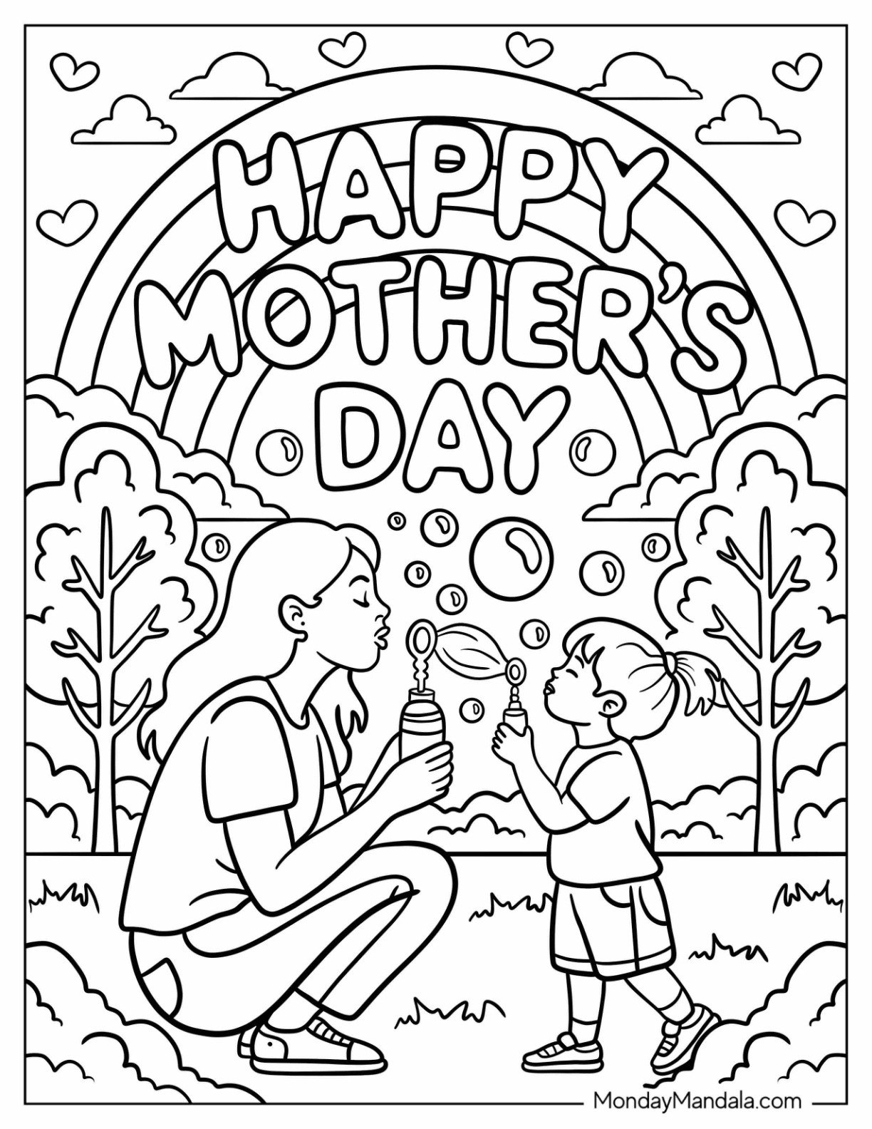 Happy Mother's Day Coloring Page On Rainbow With Mom And Daughter Blowing Bubbles in the Park