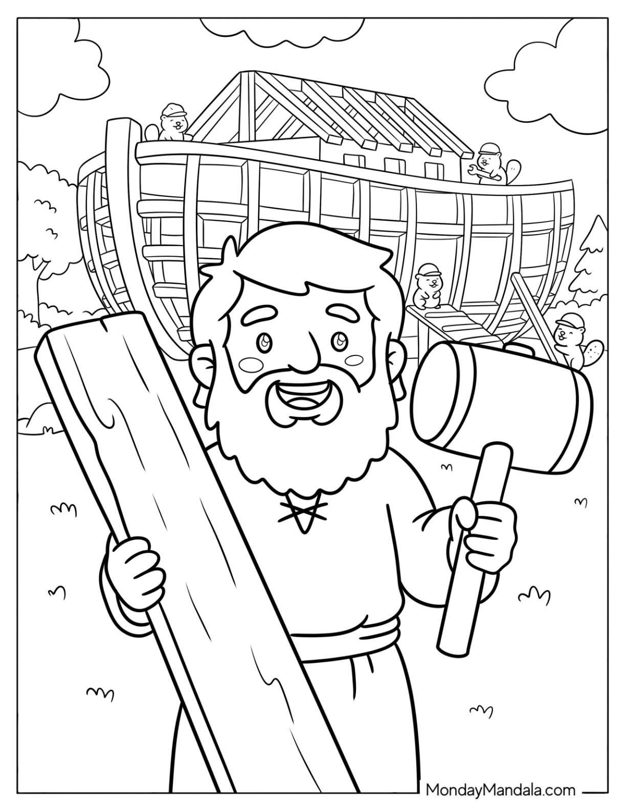 Noah's Ark Coloring Page of Happy Noah Holding a Wood and Hammer to Build the Ark for Kids