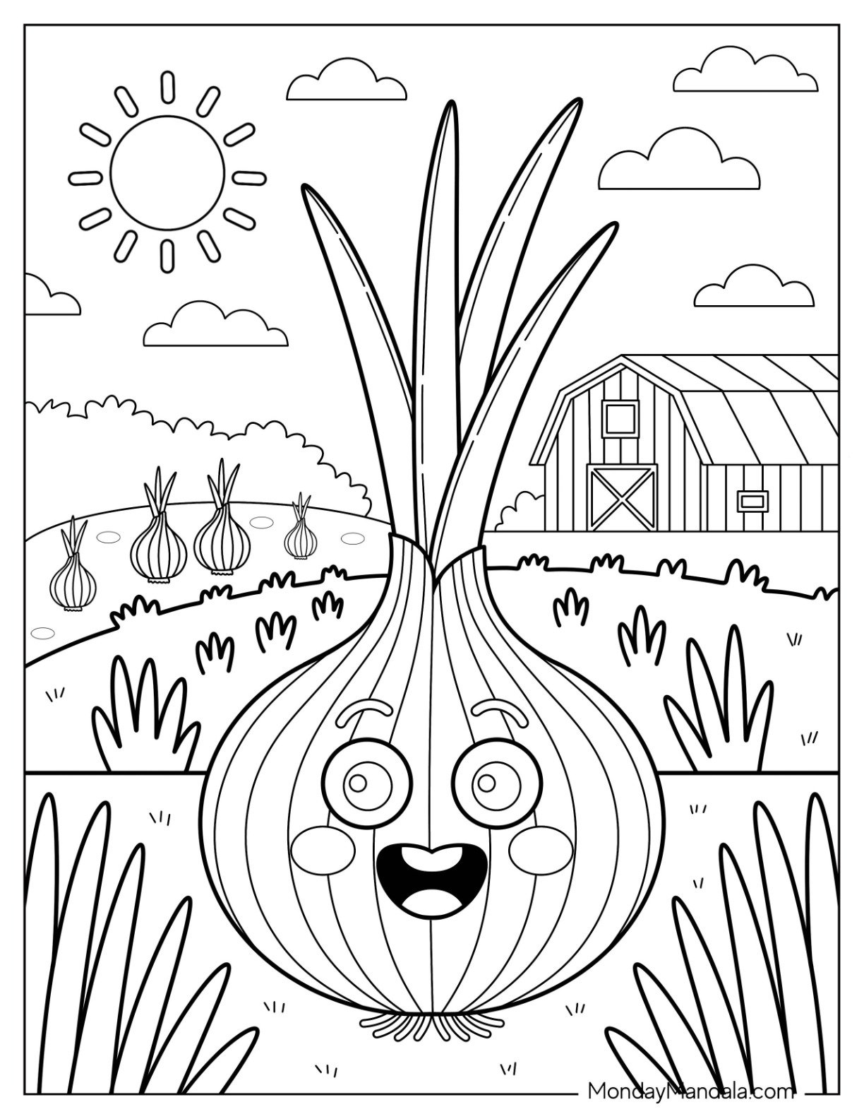 Vegetable Coloring Page of Happy Onion With Tall Sprouts and Barnyard