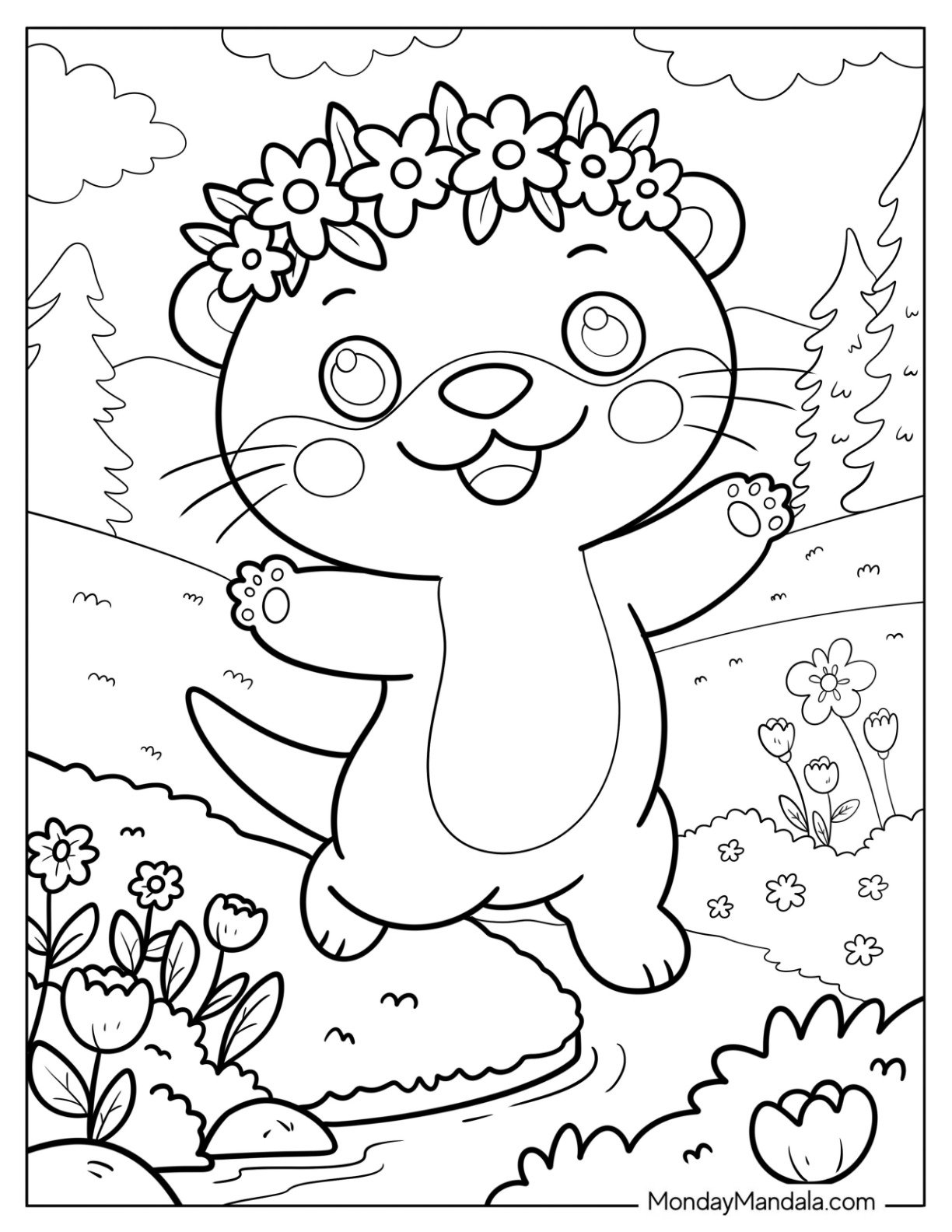Happy Otter Coloring Page with Flower Crown Dancing in the Park for Kids