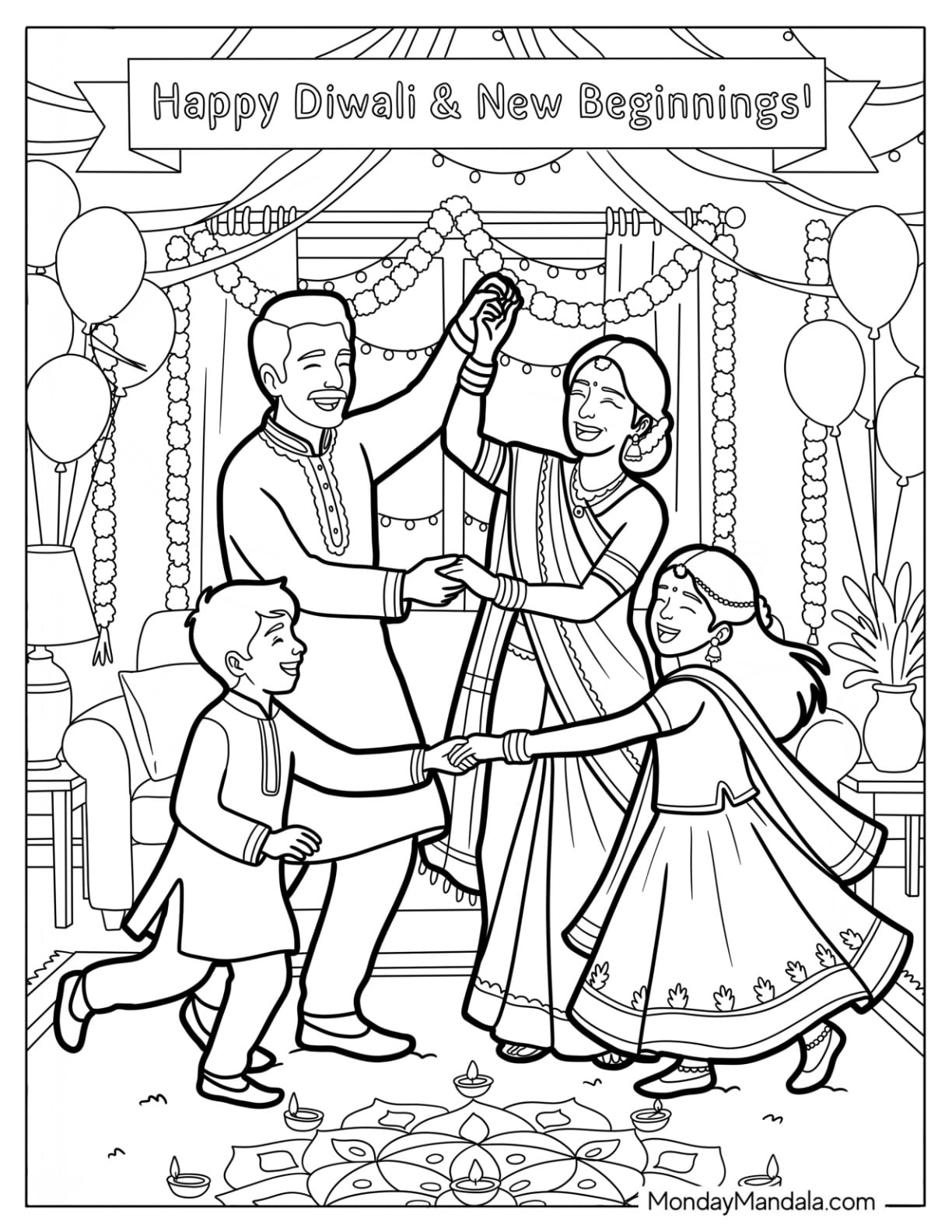 Happy Parents and Children Dancing for Diwali Coloring Page