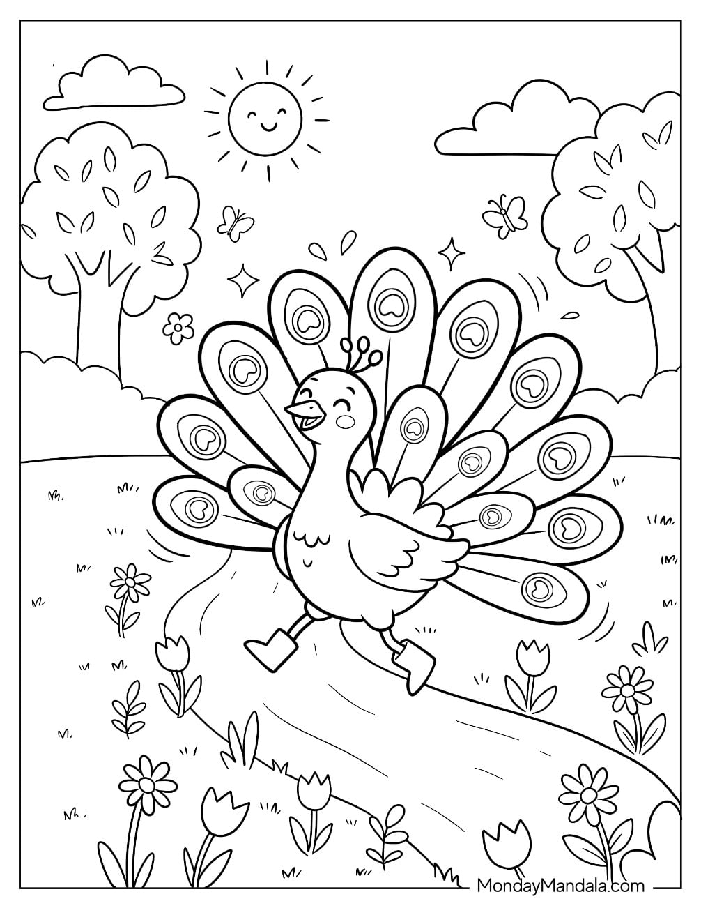 Happy Peacock Dancing in a Sunny Garden Coloring Sheet for Kids