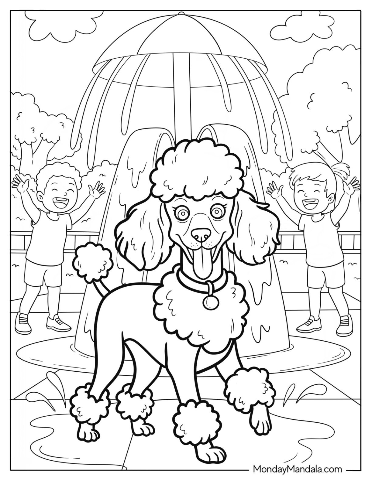 Happy Poodle Coloring Page at Splash Pad with Kids and Water Fountain