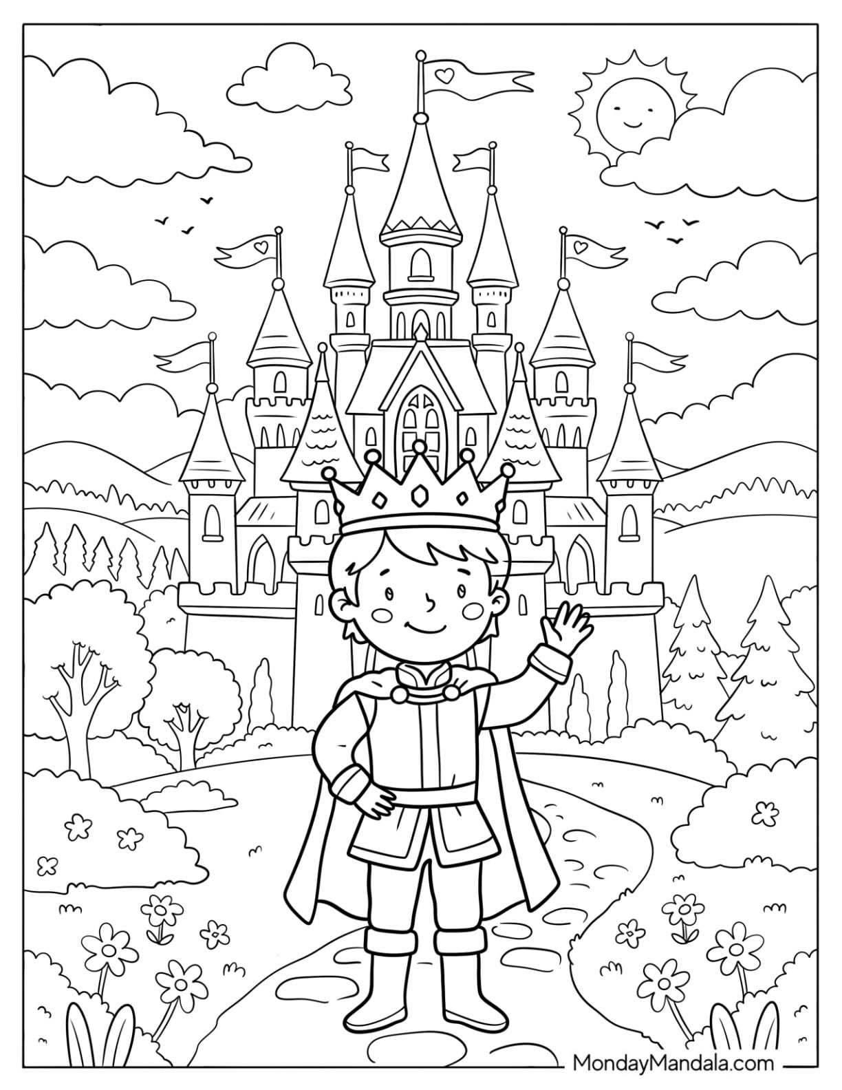 Happy Prince Waving in Front of a Castle Coloring Page