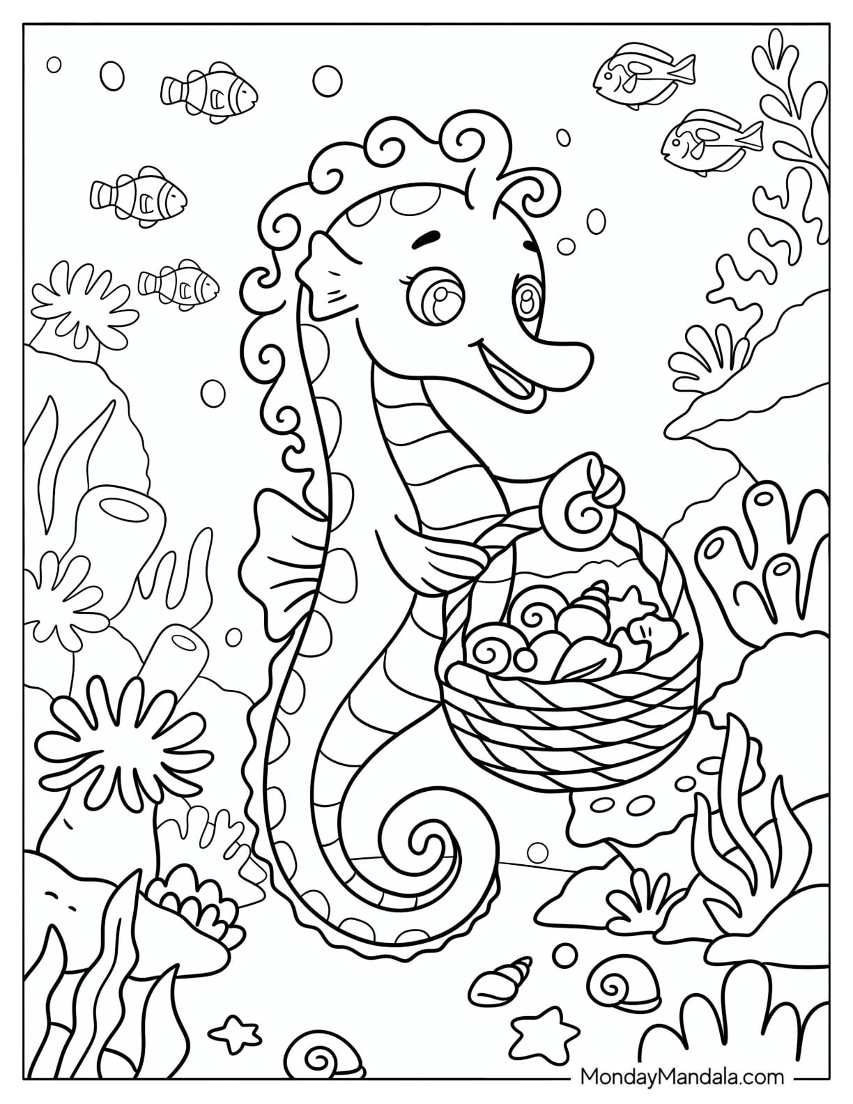 Happy Seahorse Collecting Seashells Underwater Coloring Sheet
