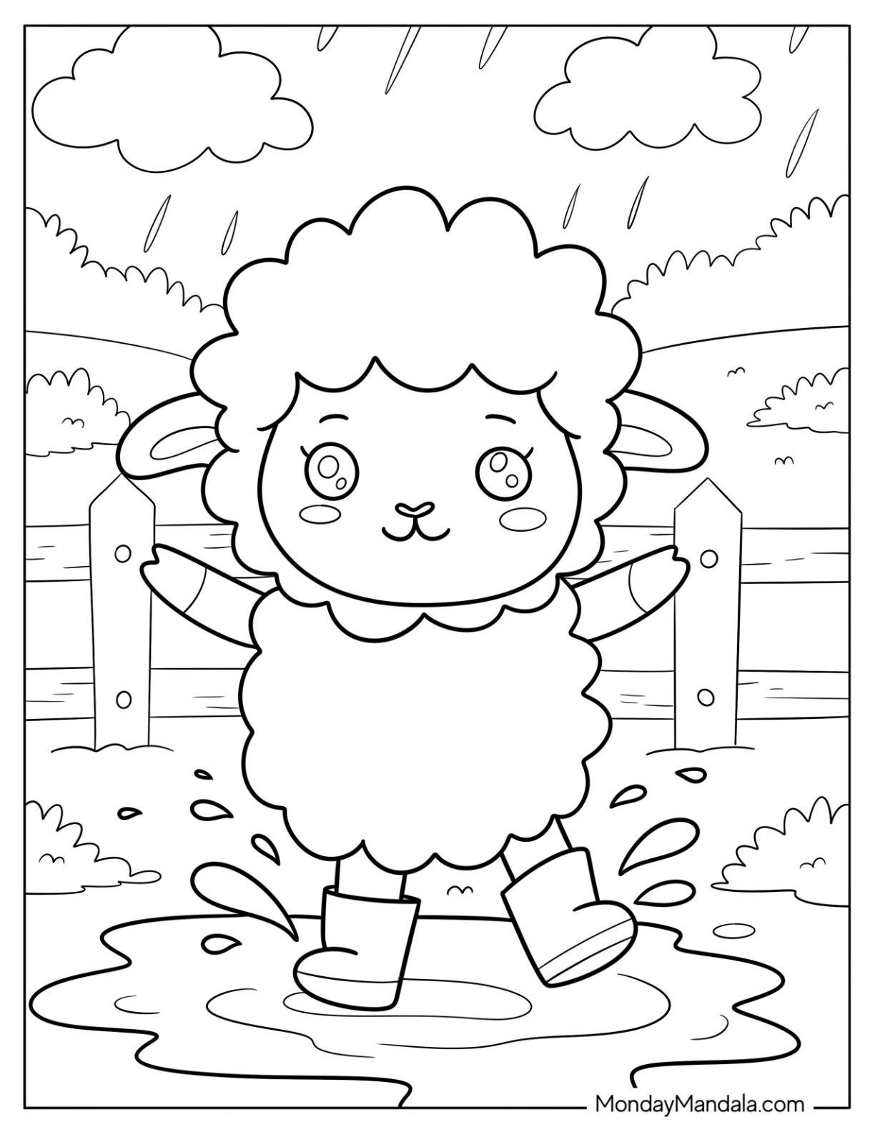 Happy Sheep Coloring Page Splashing in Muddy Puddles for Preschoolers