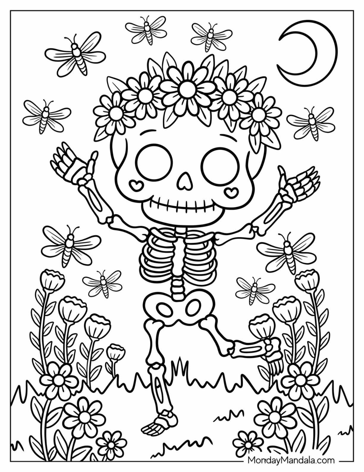 Happy Skeleton Coloring Page in a Flower Crown Dancing Among Dragonflie