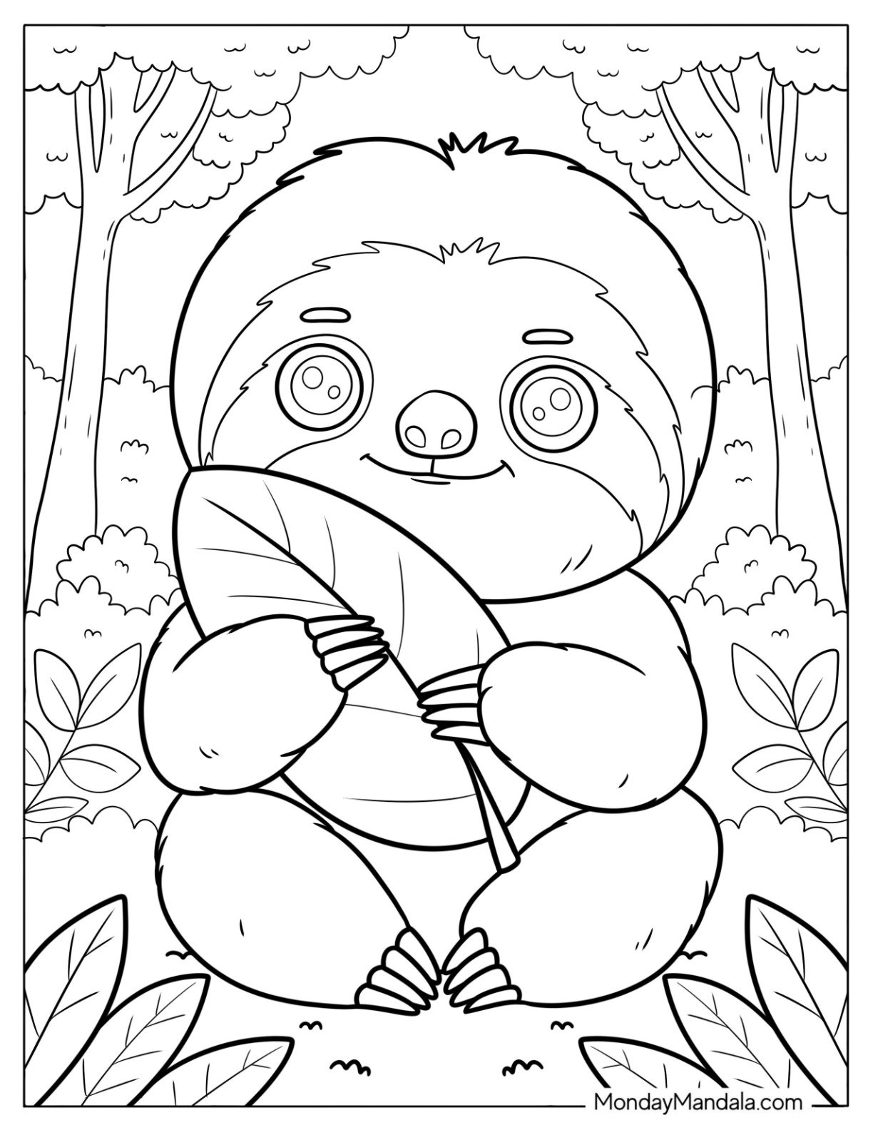 Happy Sloth Coloring Page Holding a Leaf in a Forest for Kids