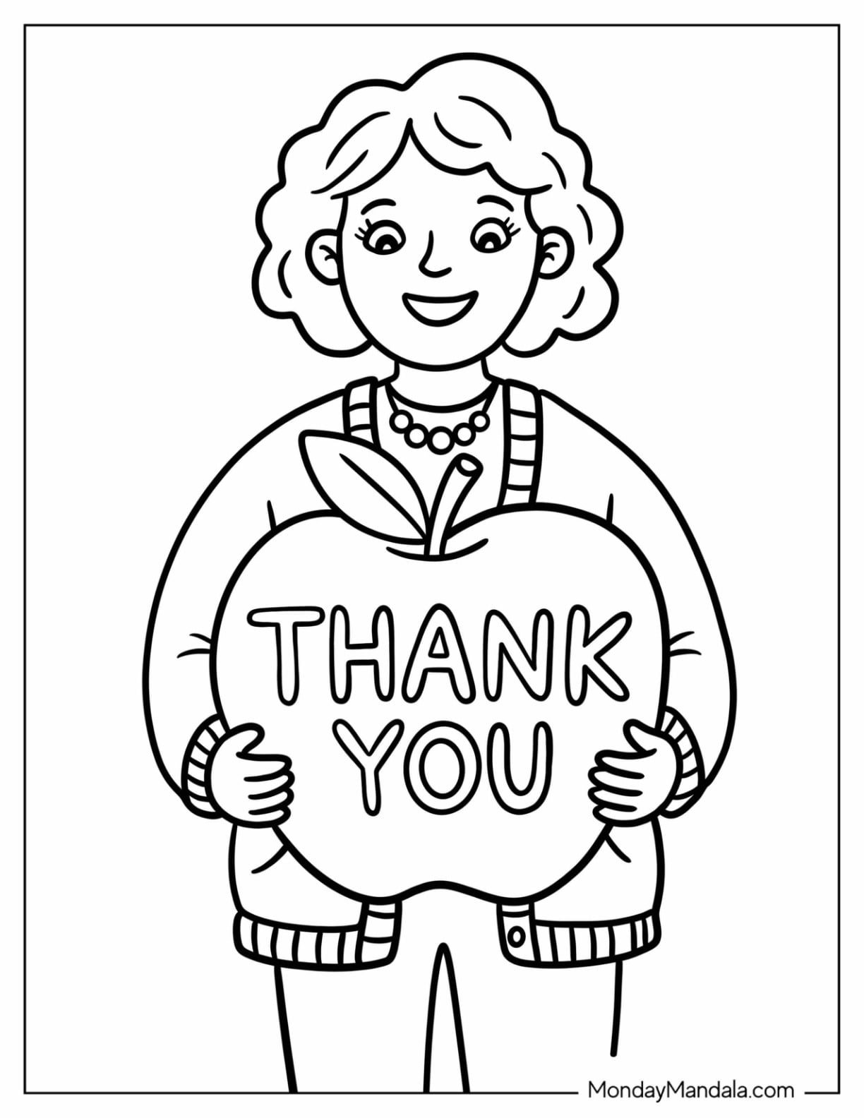 Happy Teacher Coloring Page Holding a Giant Apple with Thank You for Kids