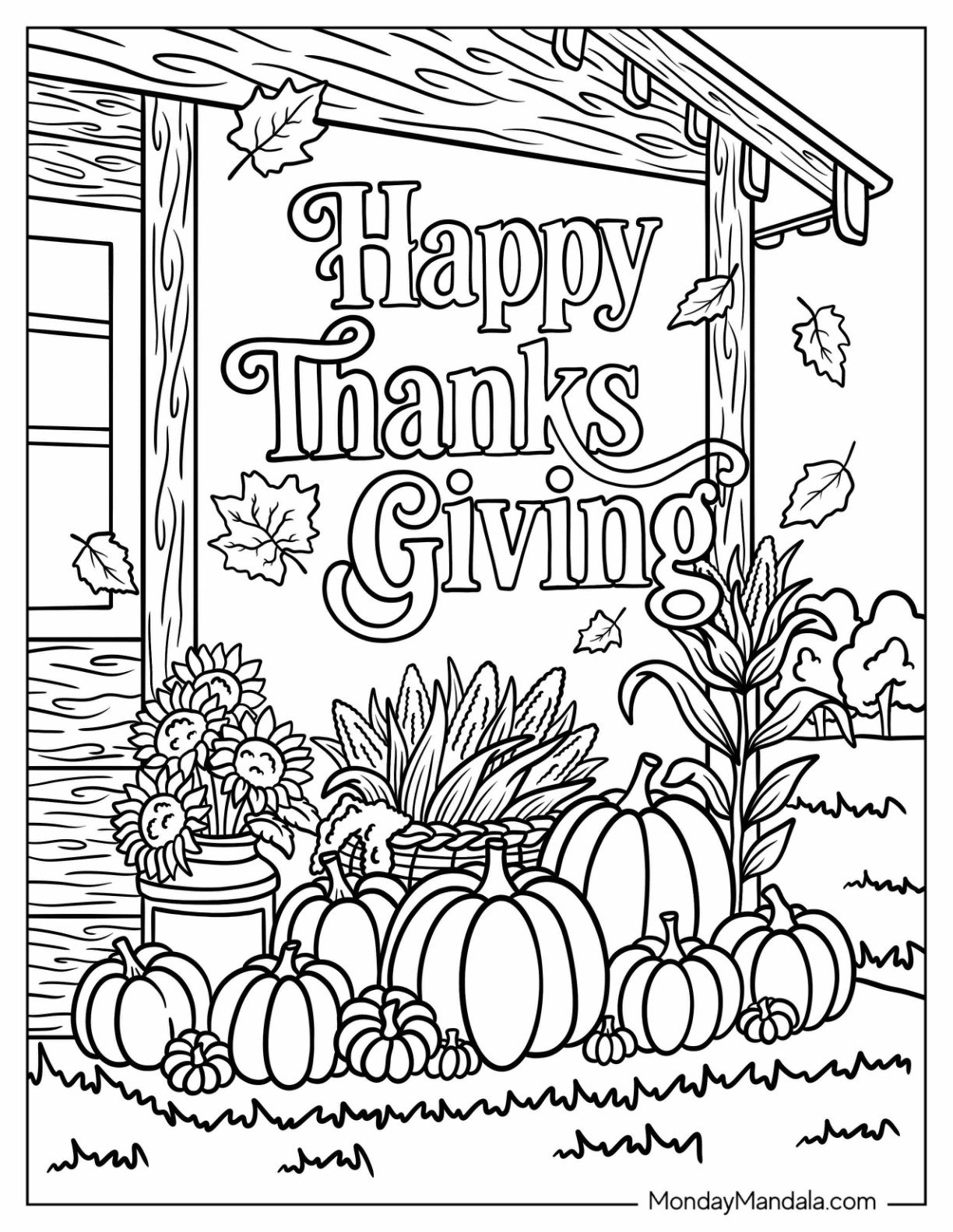 Happy Thanksgiving Coloring Page Text with Pumpkins, Sunflowers, and Fall Leaves