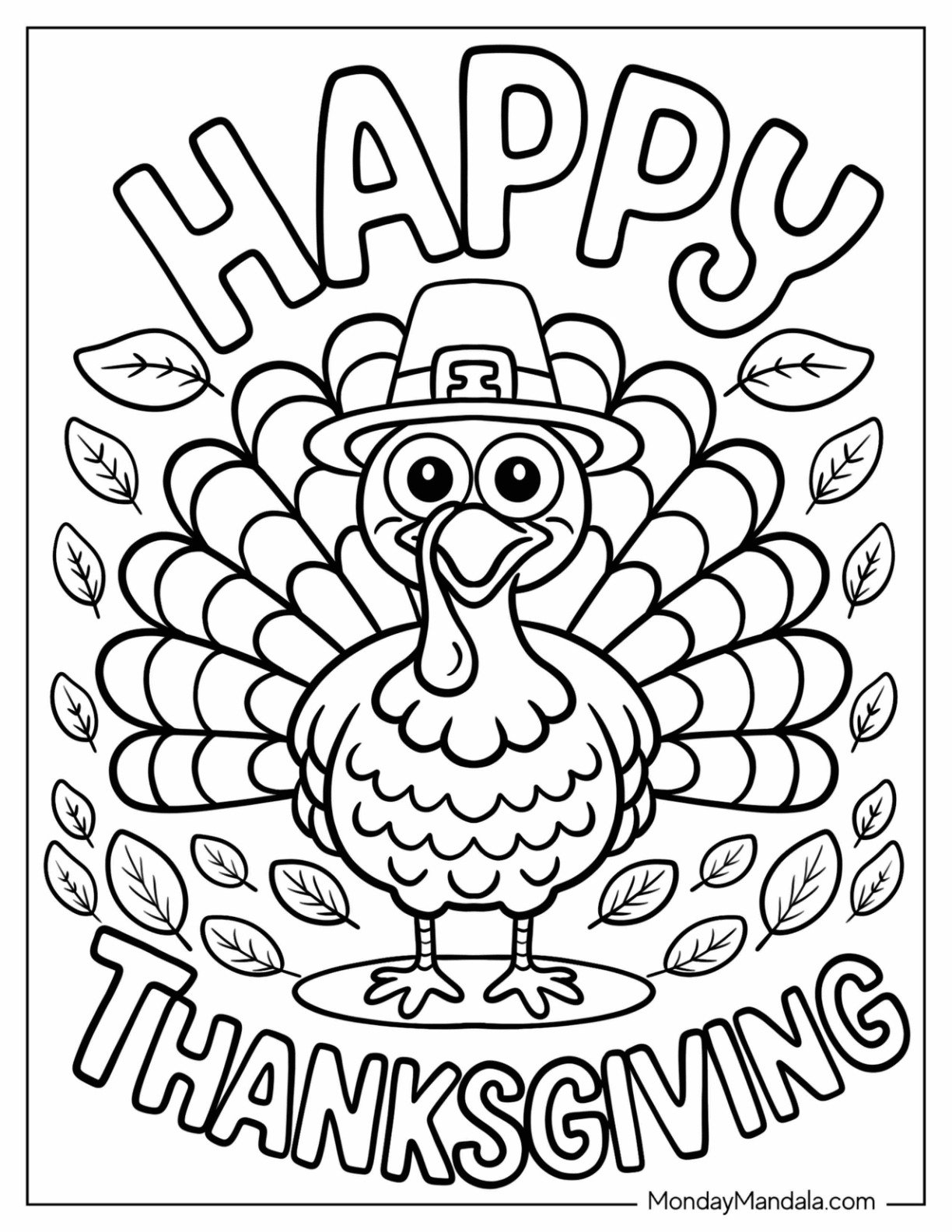Happy Thanksgiving Turkey Coloring Page with Fall Leaves