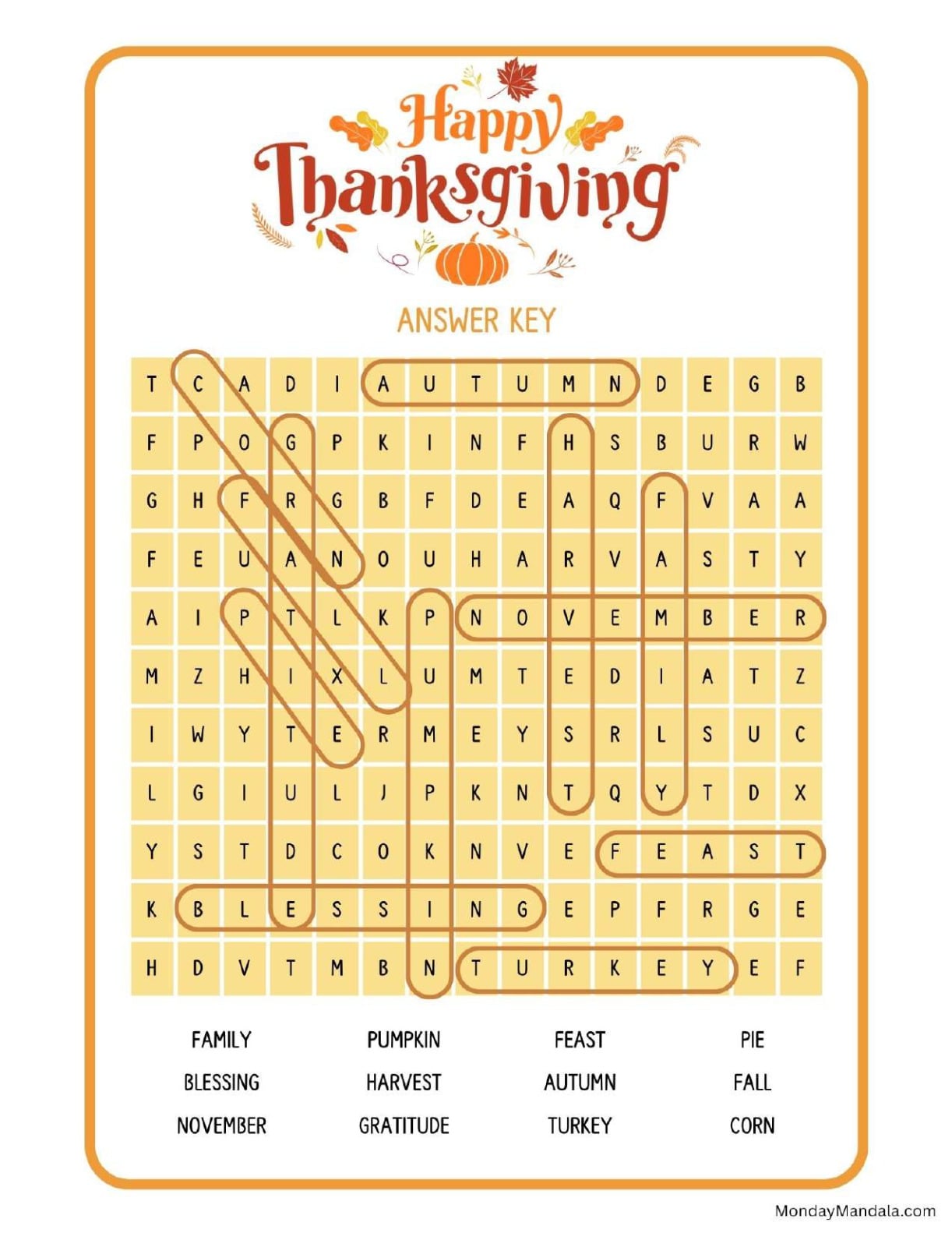 Happy Thanksgiving Word Search Answer Key
