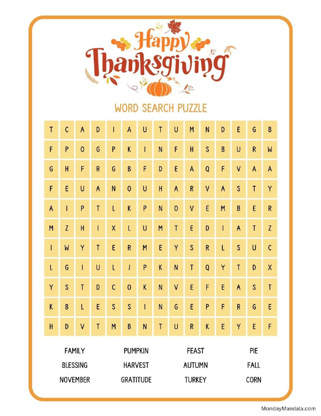 Happy Thanksgiving Word Search