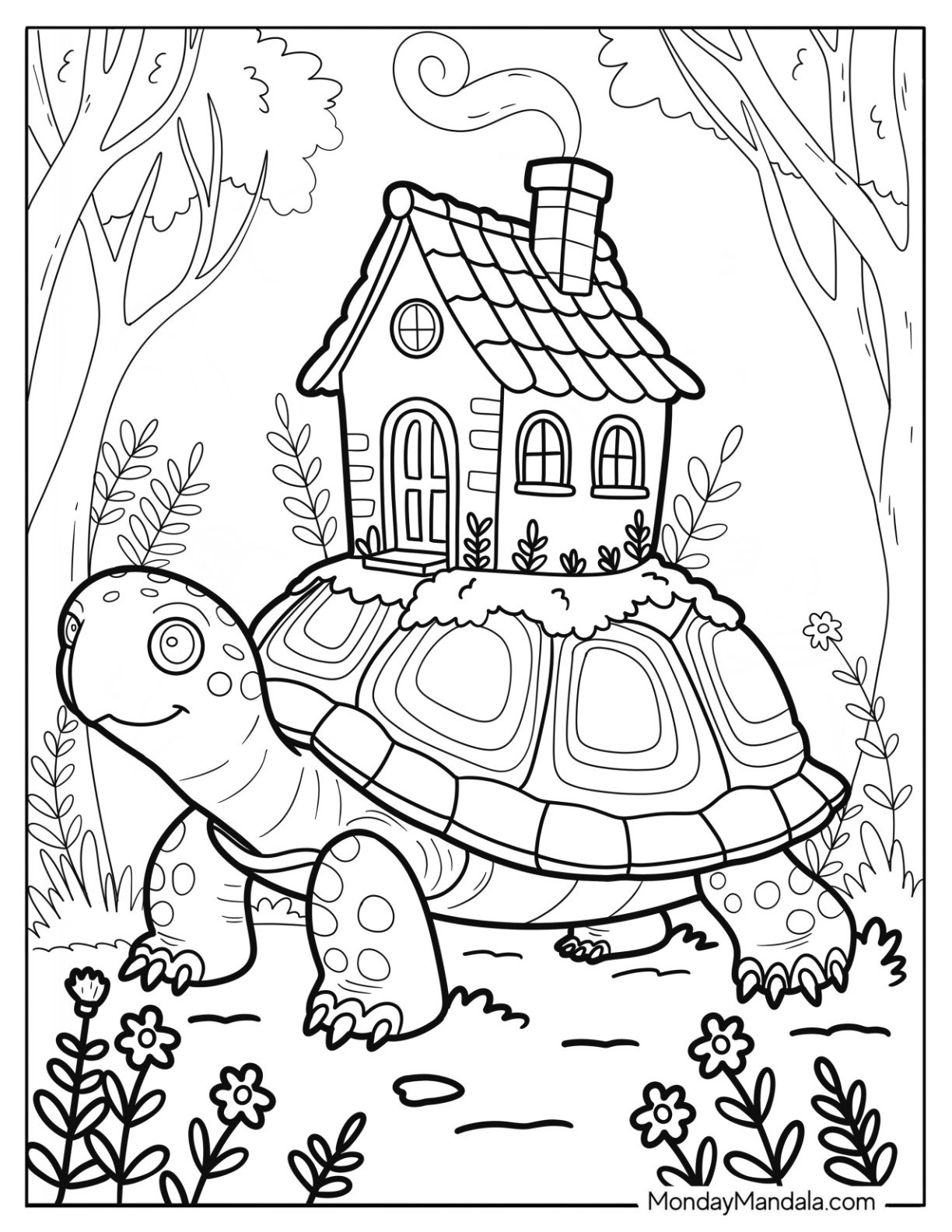 Happy Turtle Coloring Page Carrying a Tiny House on Its Back