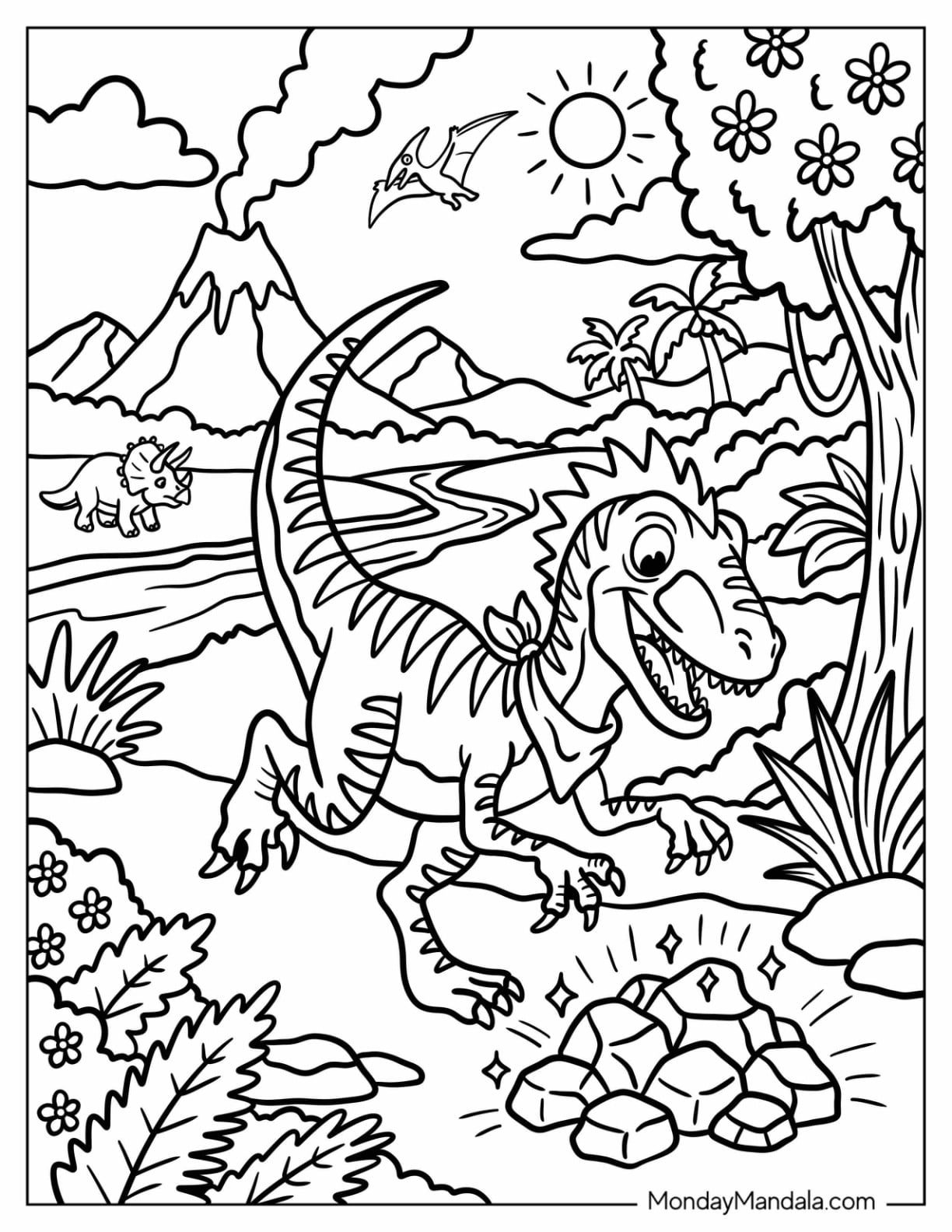 Happy Velociraptor Discovering Dinosaur Eggs Coloring Page