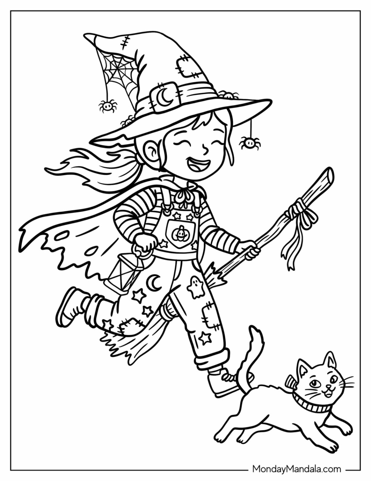 Happy Witch Girl Running with Her Broom and Cat Coloring Page