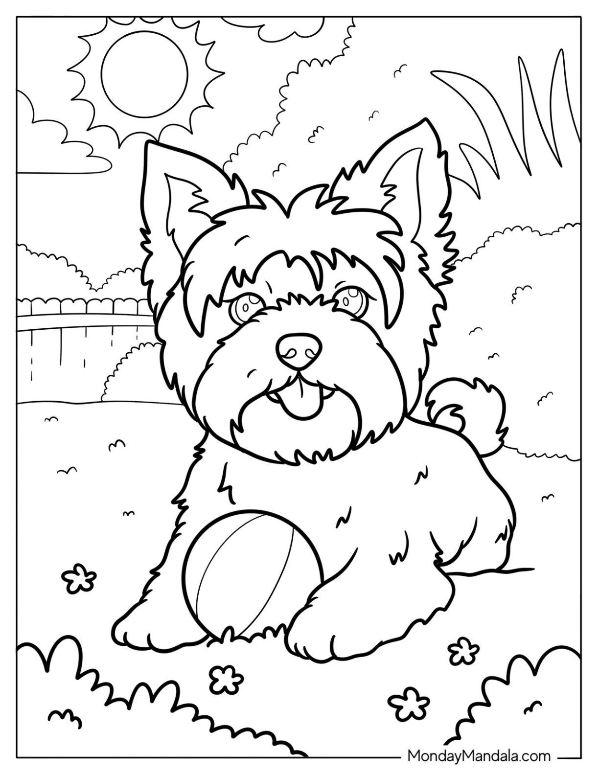 Yorkie Coloring Page Enjoying a Sunny Day with a Ball