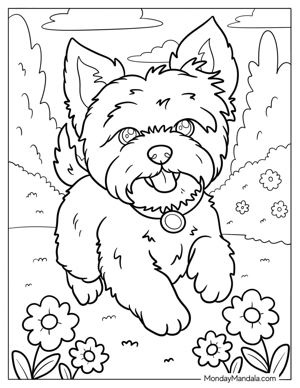 Yorkie Coloring Page of Running Through a Flower Garden