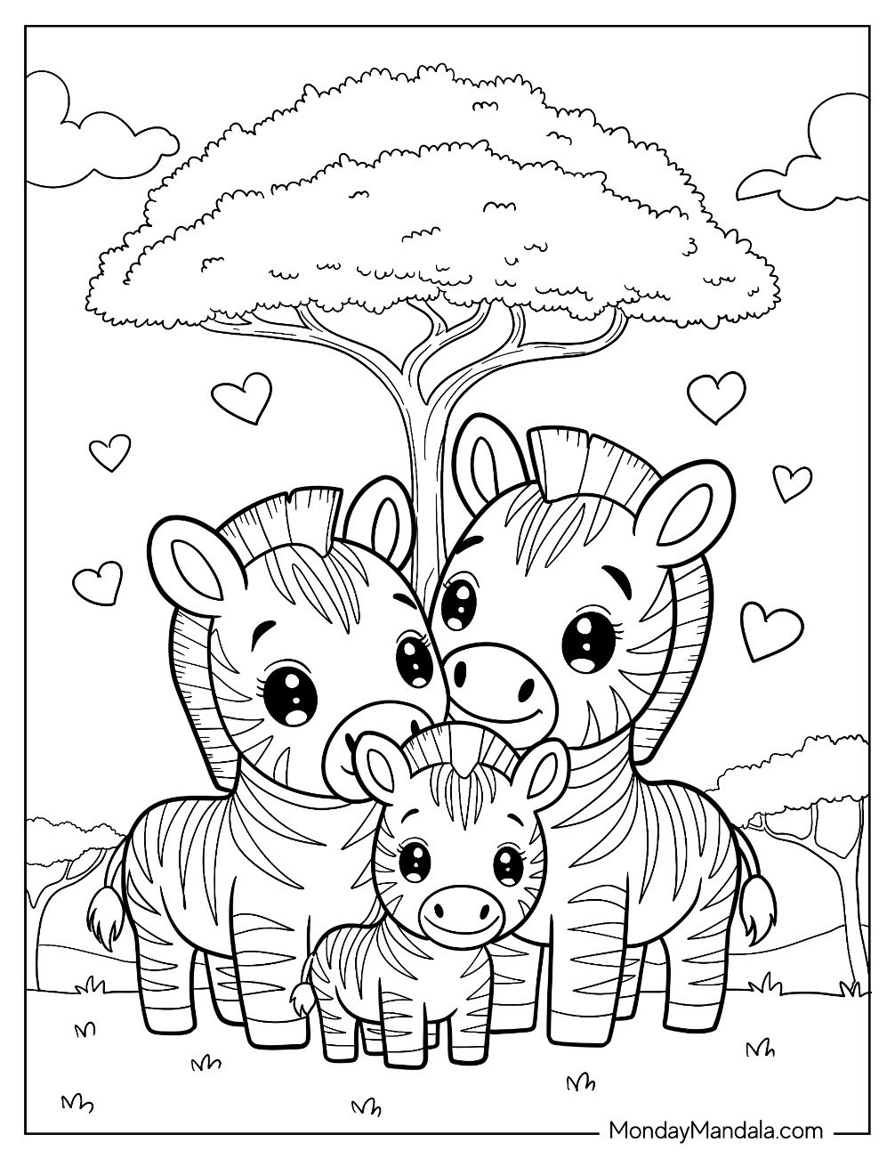 Happy Zebra Coloring Page Family Under a Tree for Kids