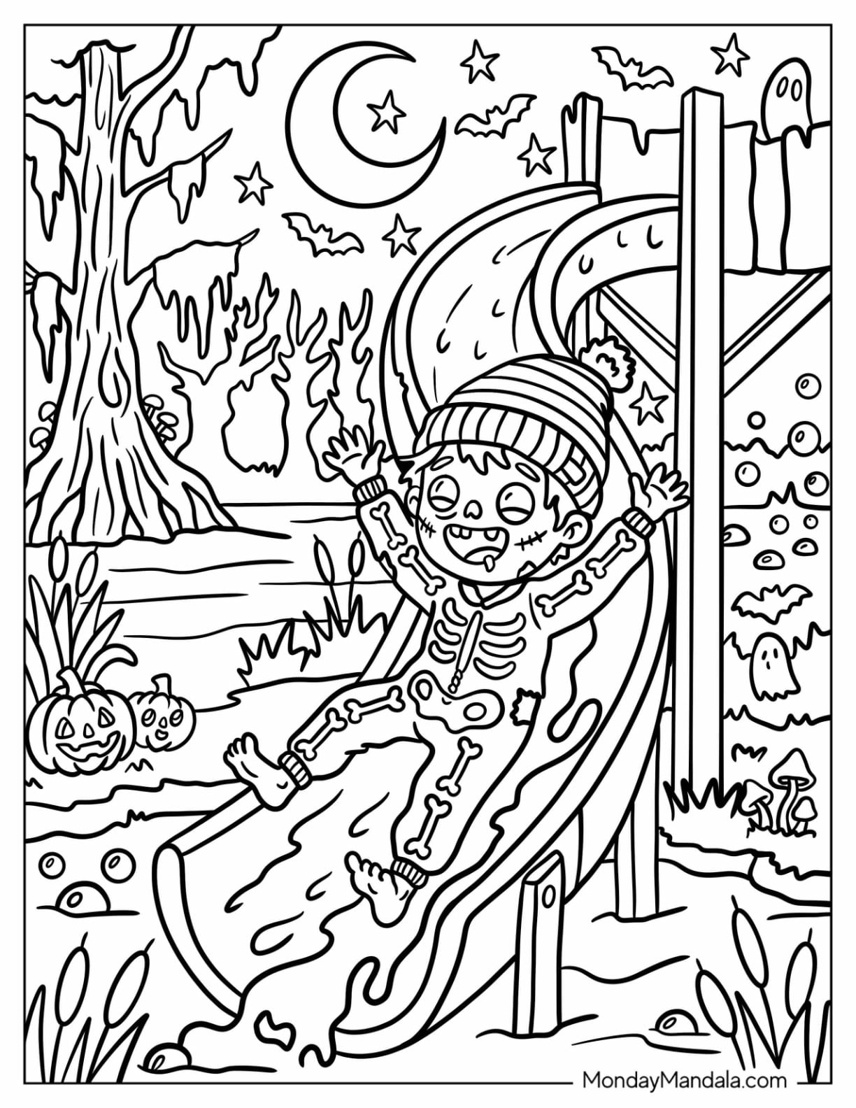Happy Zombie Boy Going Down a Water Slide