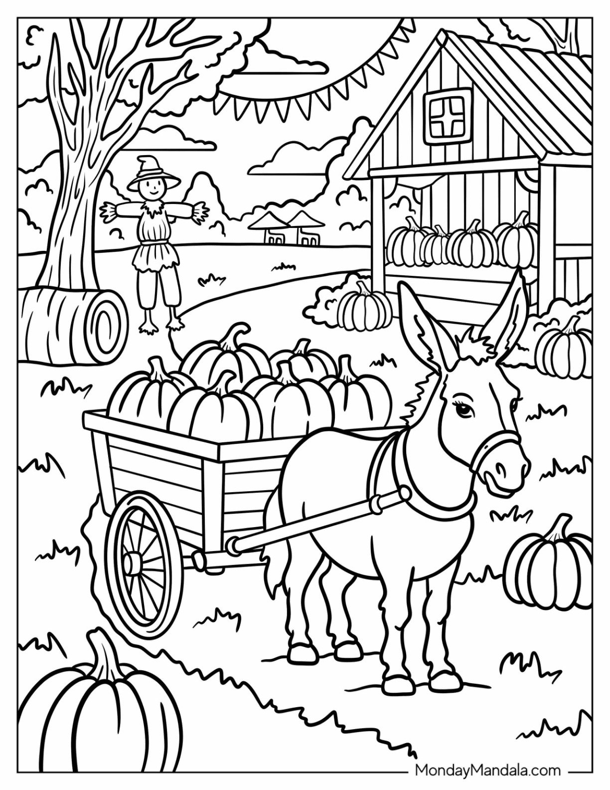 Hardworking Donkey Coloring Page Pulling a Wagon of Pumpkins on the Farm
