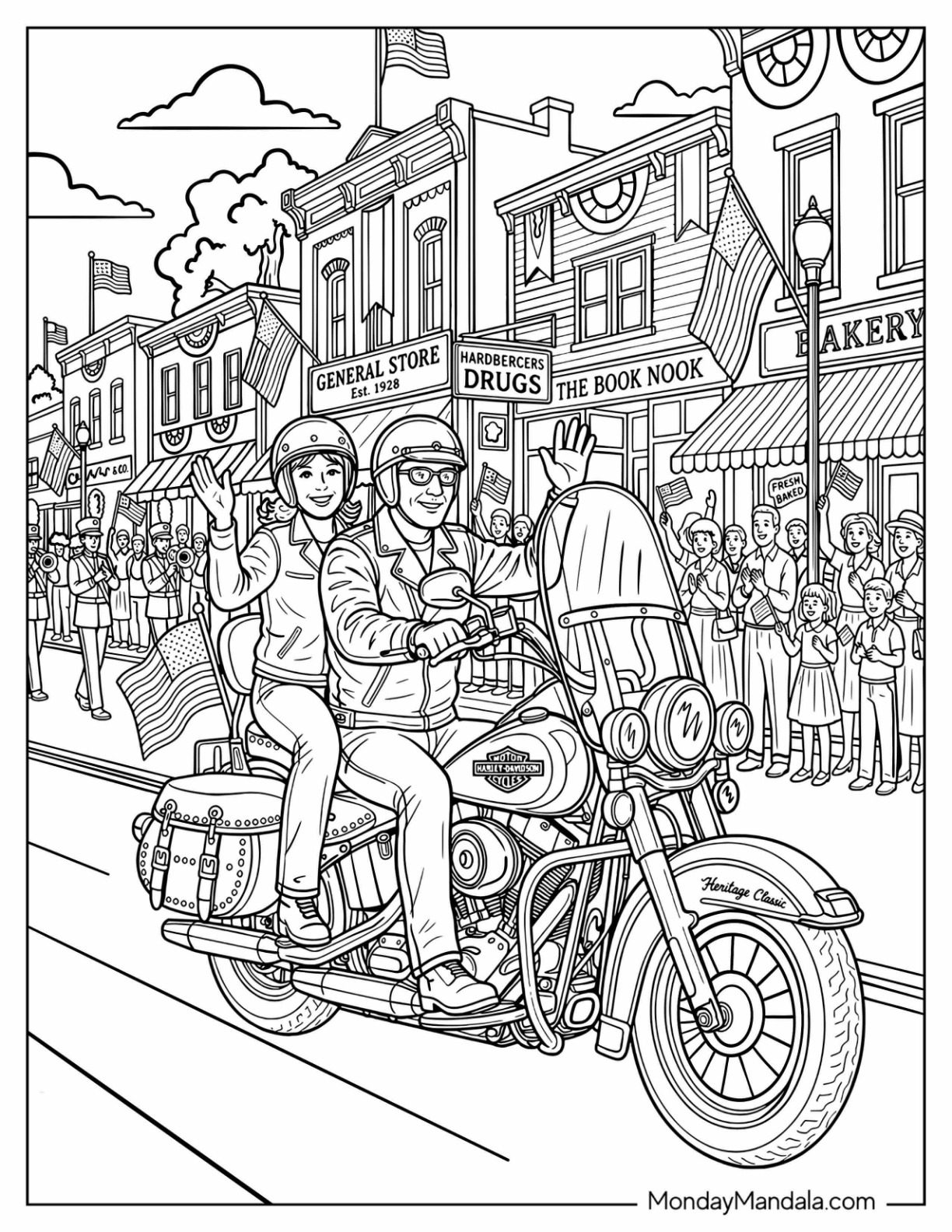 Harley Davidson Motorcycle Parade with Riders in a Small Town