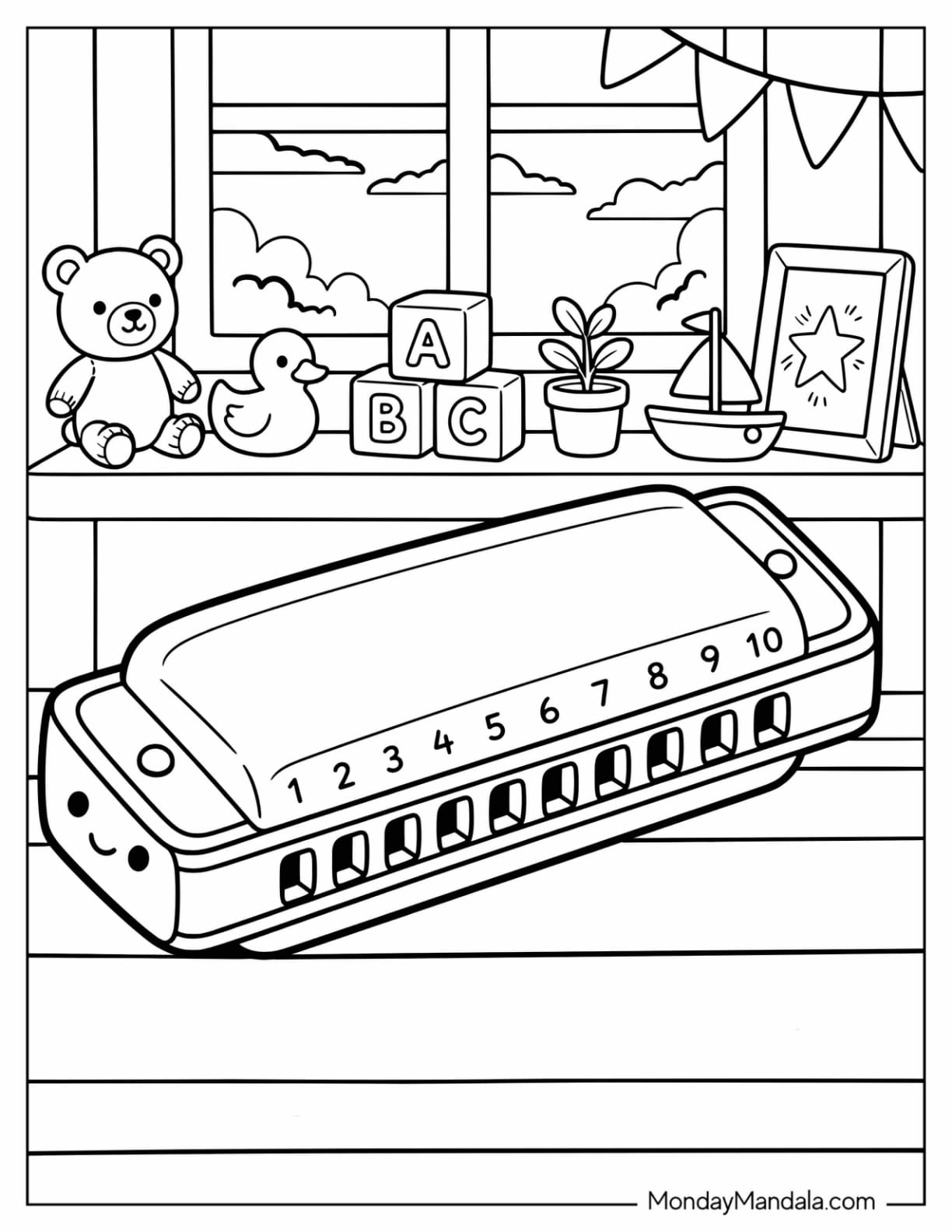 Harmonica with Teddy Bear and Musical Toys Coloring Page