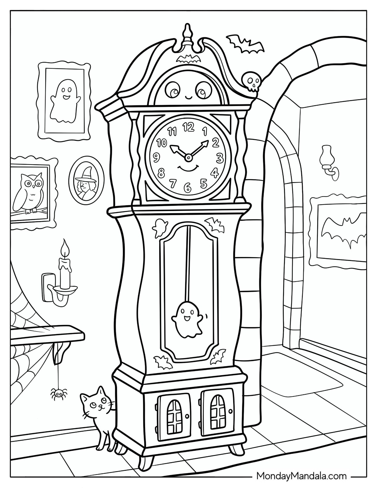 Haunted Grandfather Clock with a Ghost Pendulum Coloring Page