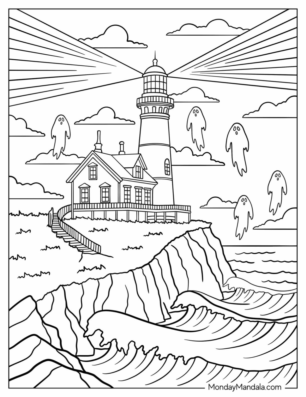 Horror Coloring Page of Haunted Lighthouse on the Cliff with Ghosts for Kids