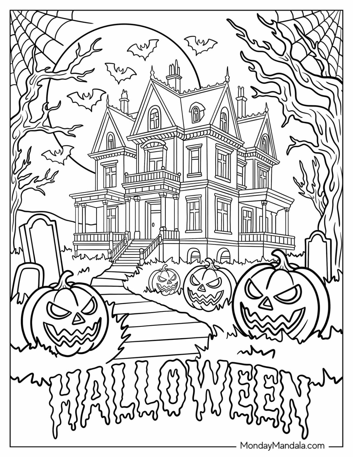 Haunted Mansion with Glowing Jack o’ Lanterns Halloween Coloring Page for Adults