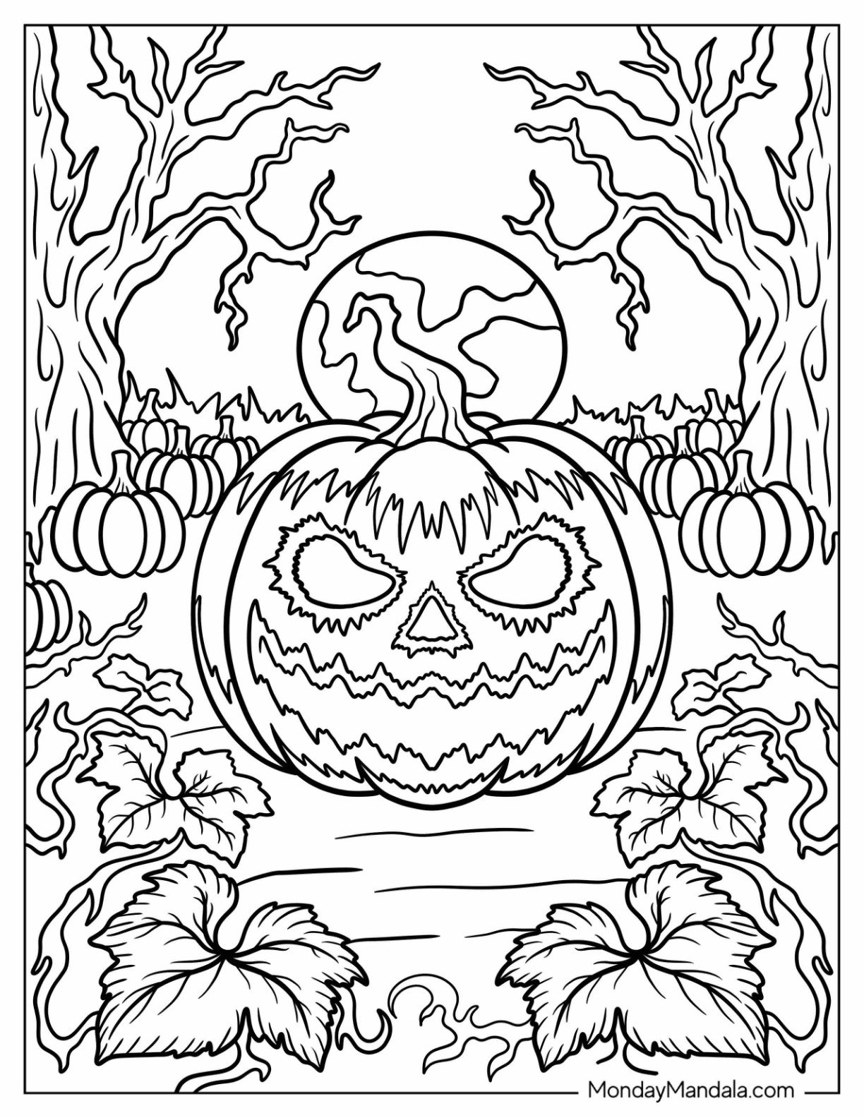 Horror Coloring Page of Haunted Pumpkin Patch with Evil Jack o  Lantern