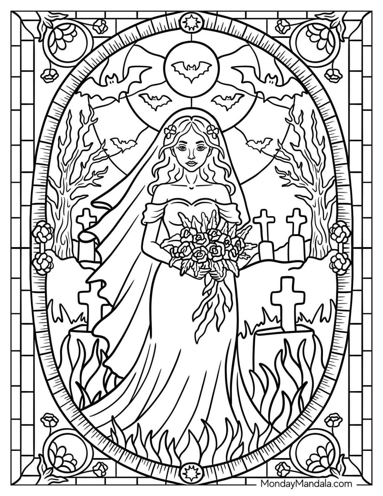 Haunting Bride Standing in Cemetery with Bats in the Sky Halloween Coloring Page