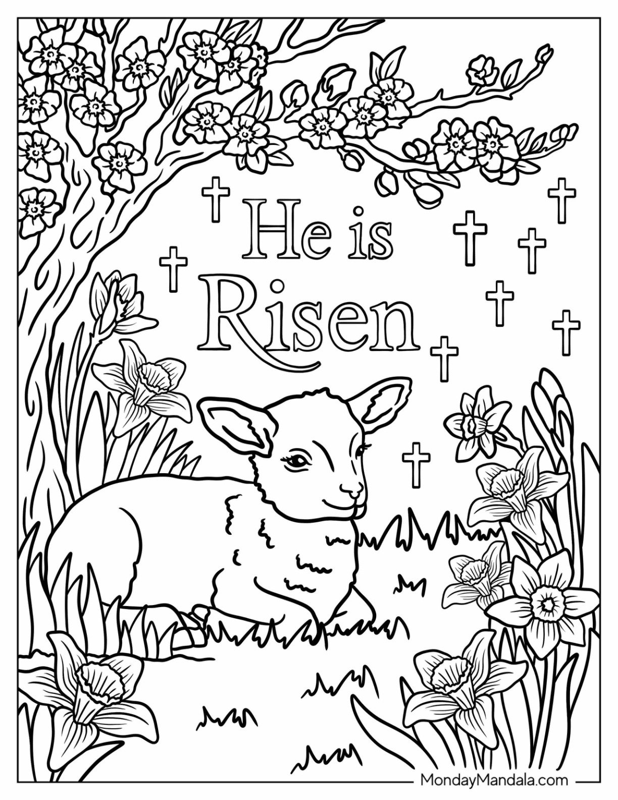 Religious Easter Coloring Page of He Is Risen with Baby Lamb on a Cliff