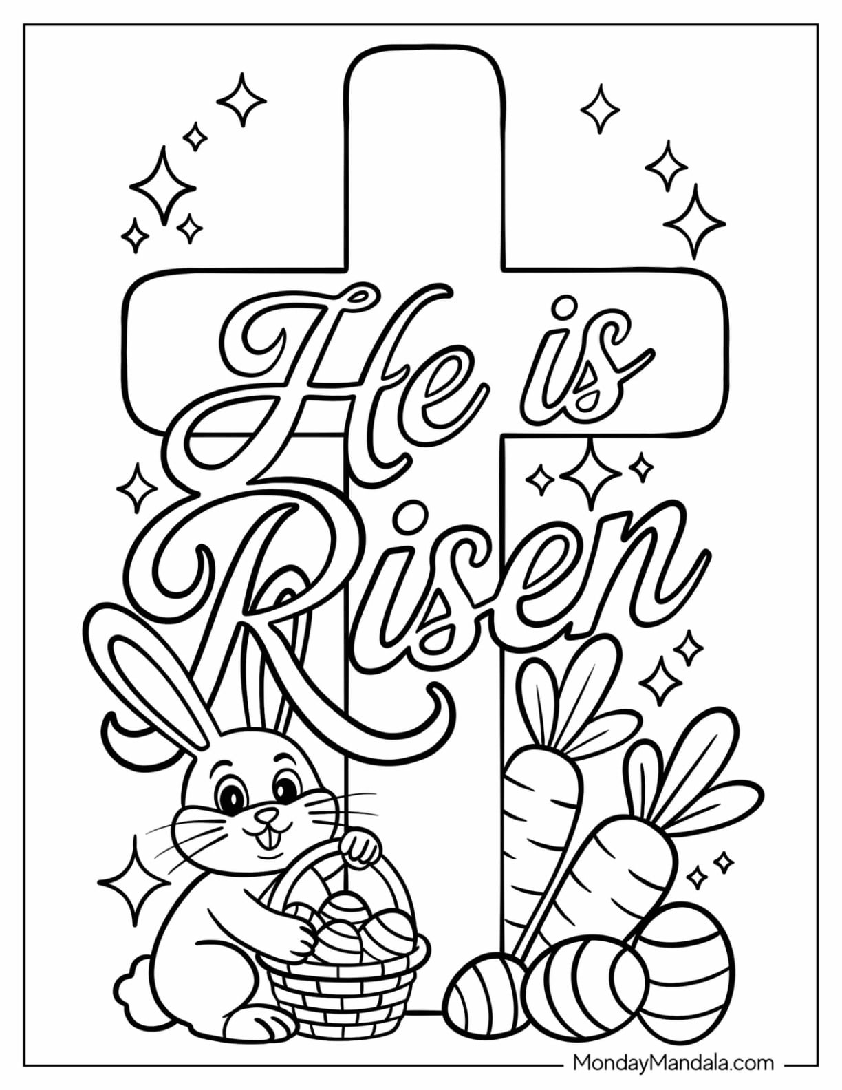 Religious Easter Coloring Page of He is Risen Cross with Easter Bunny and Eggs for Kids