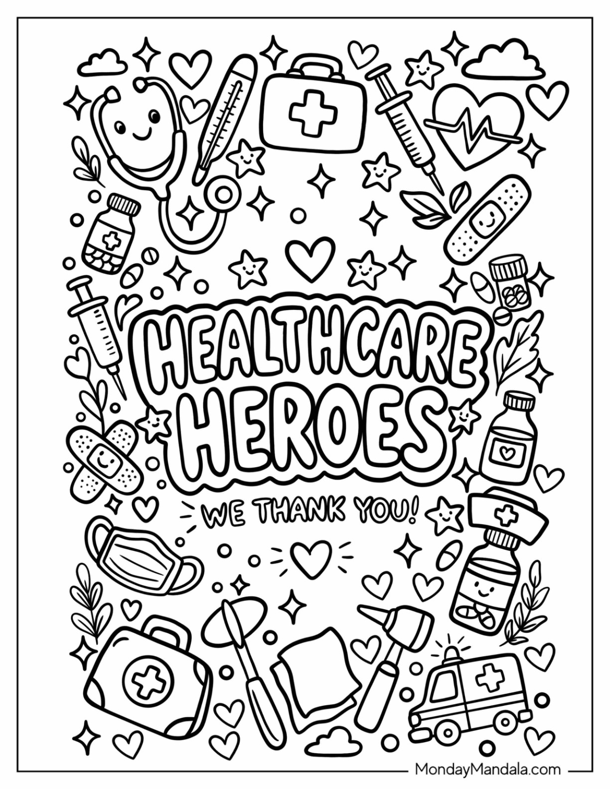 Healthcare Heroes Poster with Medical Instruments, Hearts, and Stars